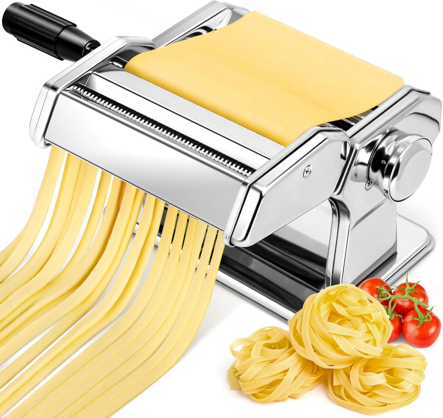 Manual pasta machine, stainless steel pasta maker with two widths, roller and cutter made of stainless steel with 7 adjustable thicknesses for pasta, spaghetti, fettuccine, lasagna