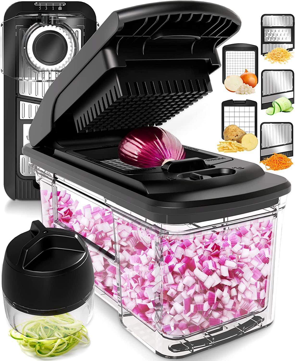 Gemüseschneider Mandoline Gemüsehobel - Gemüse Schneider Gurkenhobel Zwiebelschneider Kartoffelschneider Obstschneider - Reibe für Gemüse und Käse - Julienneschneider (6-in-1 Kompakt Weiß)