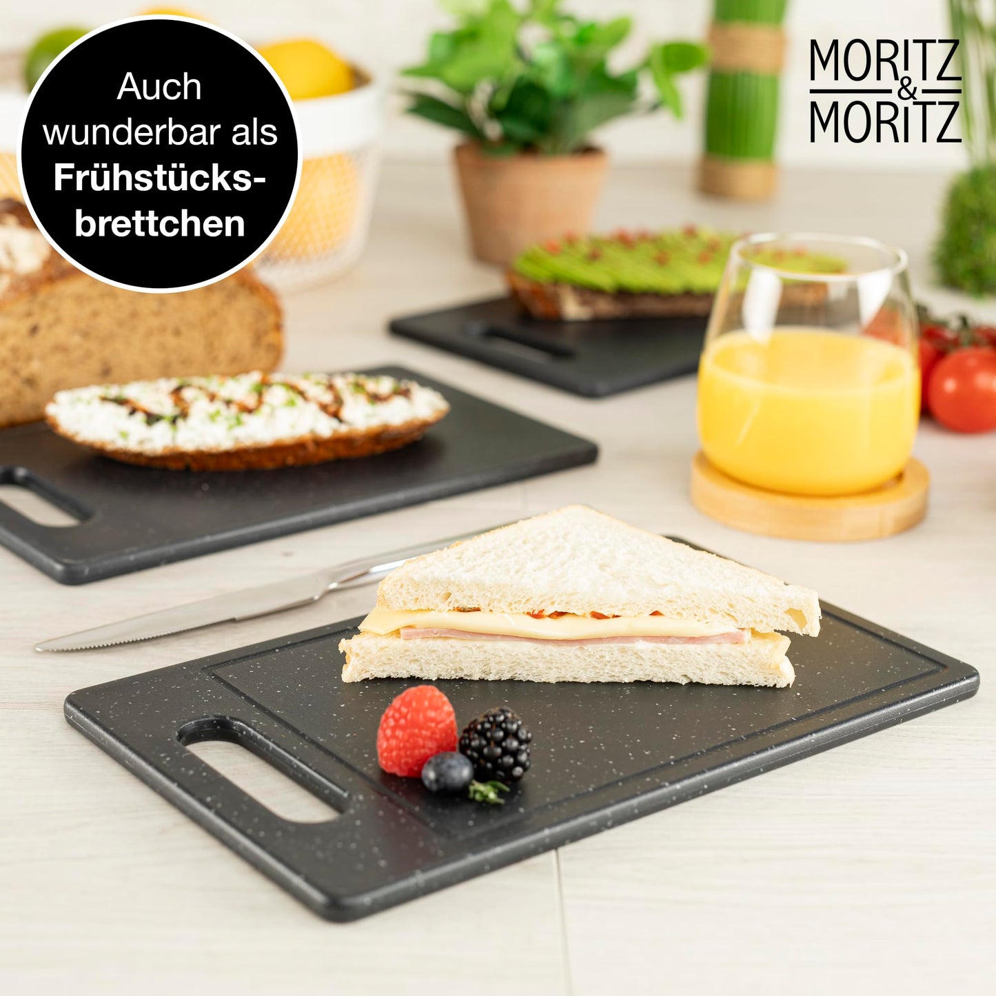 Moritz & Moritz 2x Schneidebrett Kunststoff Set in Granit Optik - 25 x 15 cm - Schneidebretter BPA frei - Frühstücksbrettchen - Schneidebrett Set hygienisch und spülmaschinenfest