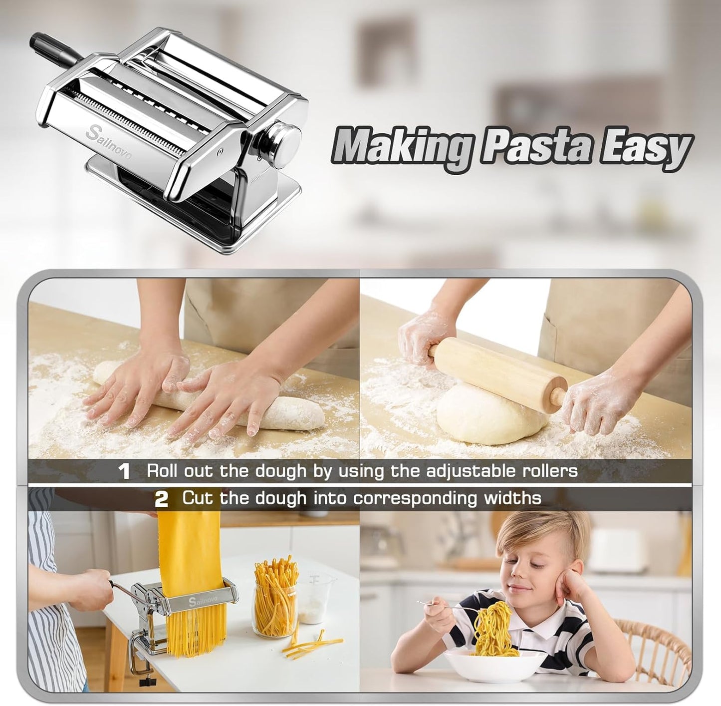 Nudelmaschine Pasta Maker Edelstahl Frische Manuell Pasta Walze Maschine Cutter mit Klemme für Spaghetti Nudeln Lasagne Bestes Pastamaschine Geschenk, Einfache Reinigung und Verwendung