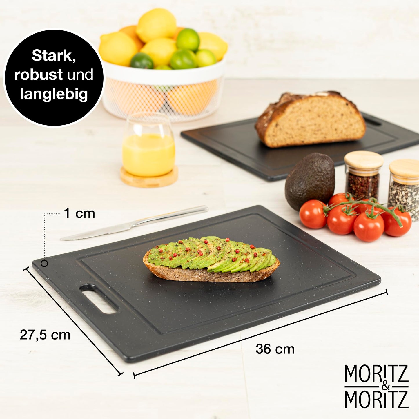 Moritz & Moritz 2x Schneidebrett Kunststoff Set in Granit Optik - 25 x 15 cm - Schneidebretter BPA frei - Frühstücksbrettchen - Schneidebrett Set hygienisch und spülmaschinenfest