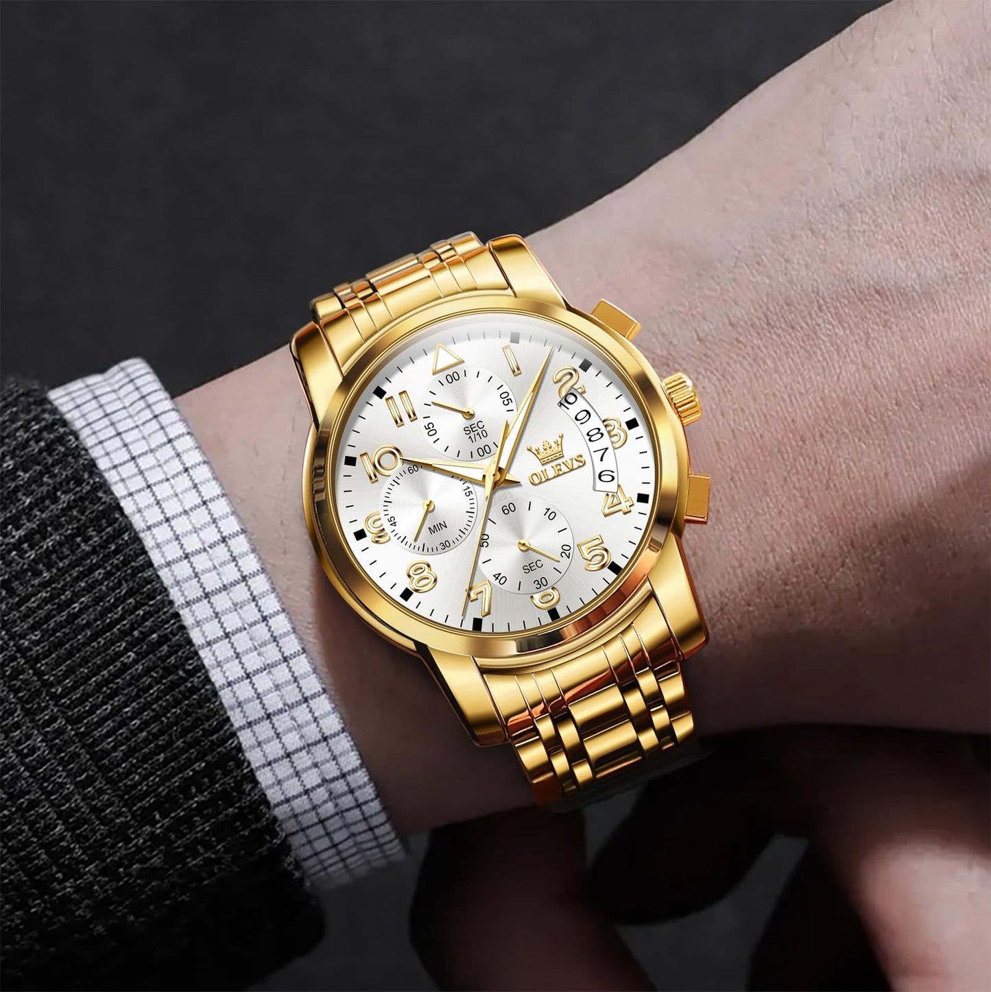 OLEVS Uhren Herren, Edelstahl Analoger Quarzuhr, Multifunktionale Diamanten Herrenuhren, Klassisches Luxuskleid Herrenuhr