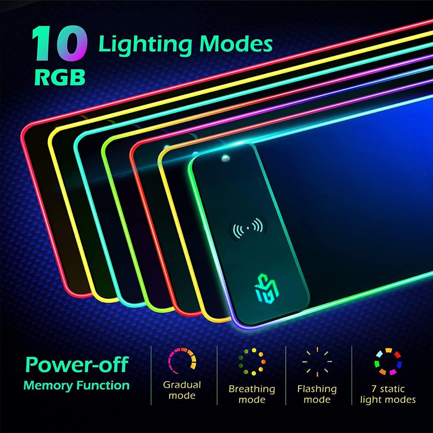 RGB Gaming Mauspad 15W Qi Mousepad LED, 10 Beleuchtungsmodi mit 15W Schnellladung Qi Kabelloses Laden für I-Phone Handy, Kopfhörer, Wasserdicht, rutschfest für Gaming, Schreibtische, PC und Büro