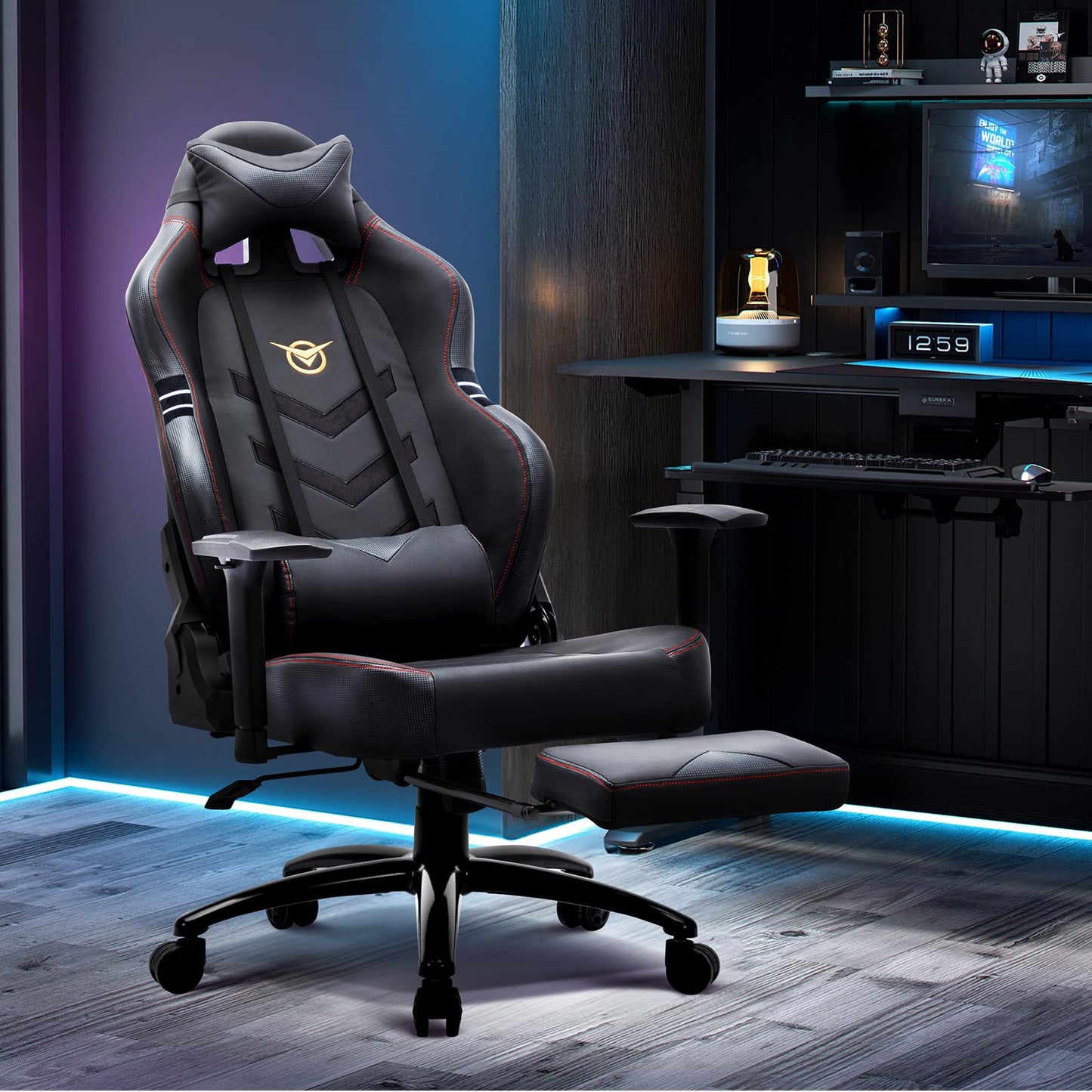 COLAMY Gaming Stuhl mit Fußstütze 160 KG Belastbarkeit-Computer Gamer PC Stuhl, Ergonomisch Hohe Rückenlehne, Verstellbare Rückenlehne, 3D Armlehnen, Kopfstütze und Lordosenstütze, Schwarz