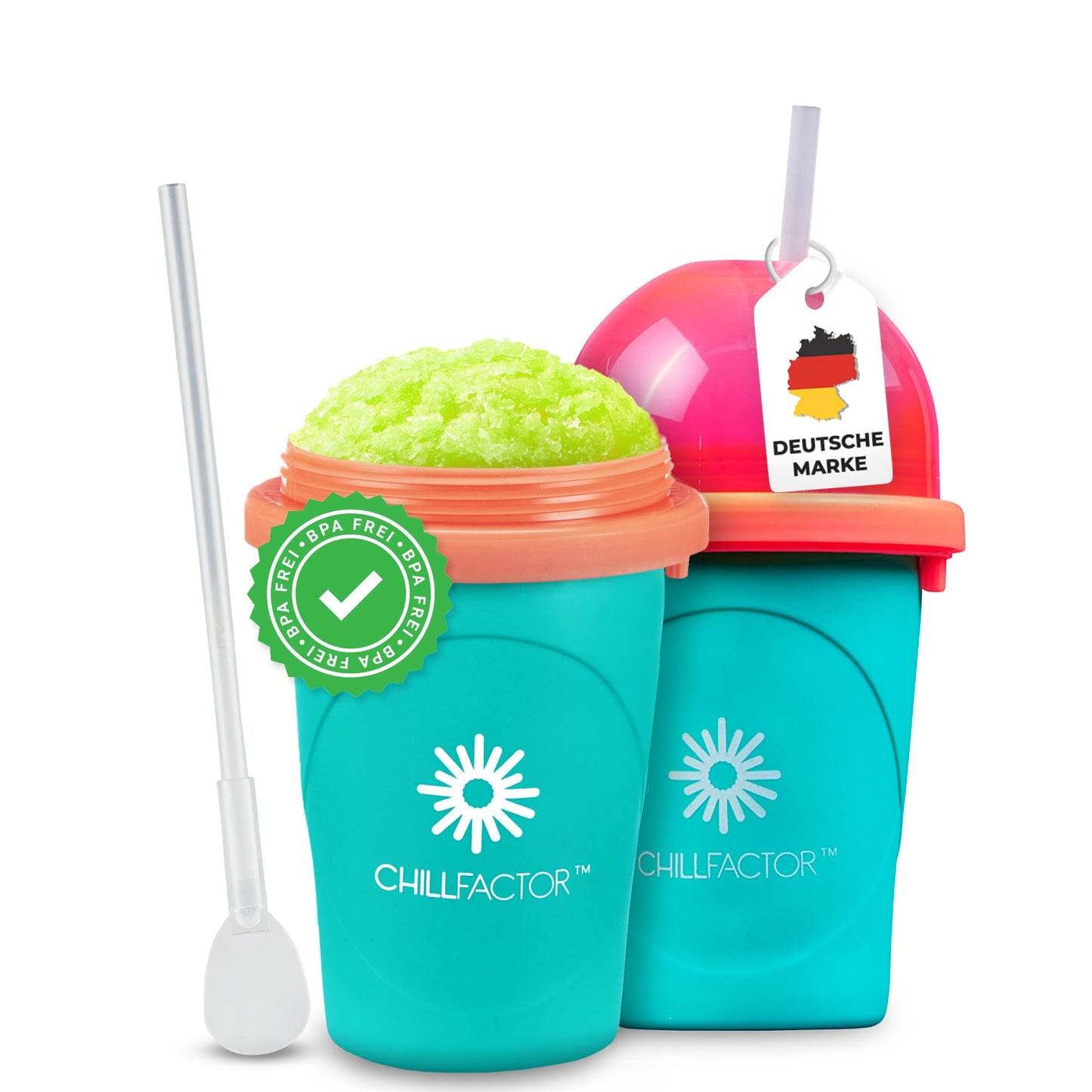 Magic Freez Slushy Maker – Tragbarer Slushy Becher aus Silikon mit 2-in-1 Strohhalm und Löffel – Slush Ice Maker für erfrischende Slushies – Slushi Cup zum Slush Eis selbermachen – 370ml