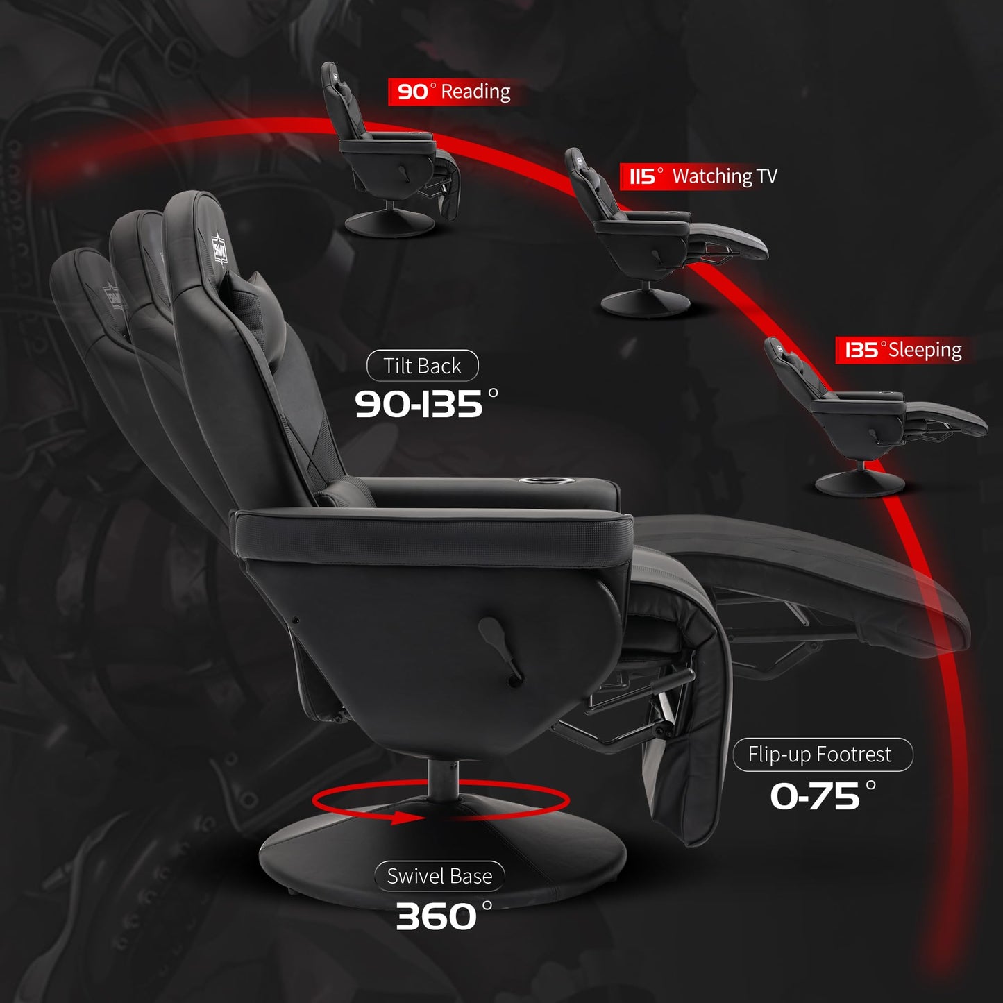 S*MAX Gaming Stuhl mit Fußstütze Gaming Sessel hoher Rückenlehne mit Verstellbarer Rückenlehne Becherhalter Seitentasche Gaming Stühle für Erwachsene Schwarz