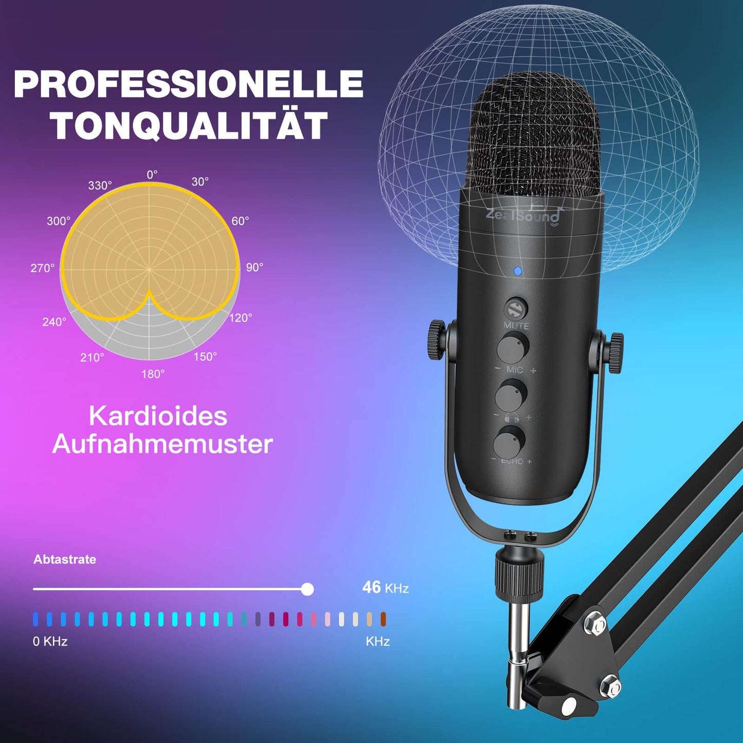 zealsound USB Mikrofon, Kondensator Mikrofon für PC Handy, PS4, PS5, Microphone PC USB C für Gaming, Podcast,Aufnahmen,Streaming,ASMR mit Stumm/Gain/Echo, Adapter für Phone,Kompatibel mit Mac, Winows