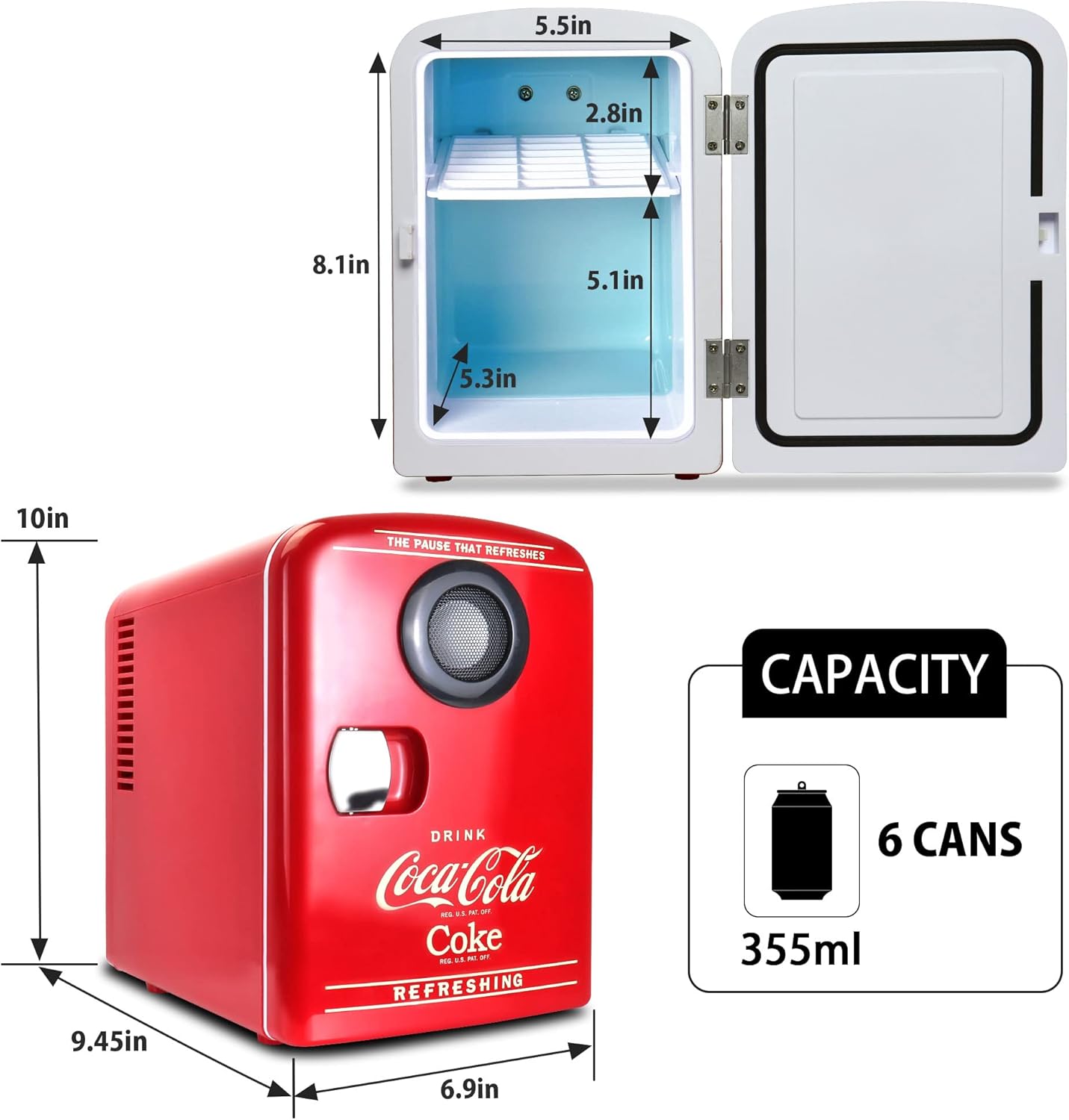 Coke Mini Kühlschrank für Schlafzimmer 4L Kleiner Kühlschrank 6 Dosen Tischkühlschrank Kühler Wärmer mit eingebautem Bluetooth Wireless Lautsprecher für Home Desk Office Food Drinks von Coca-Cola, Rot