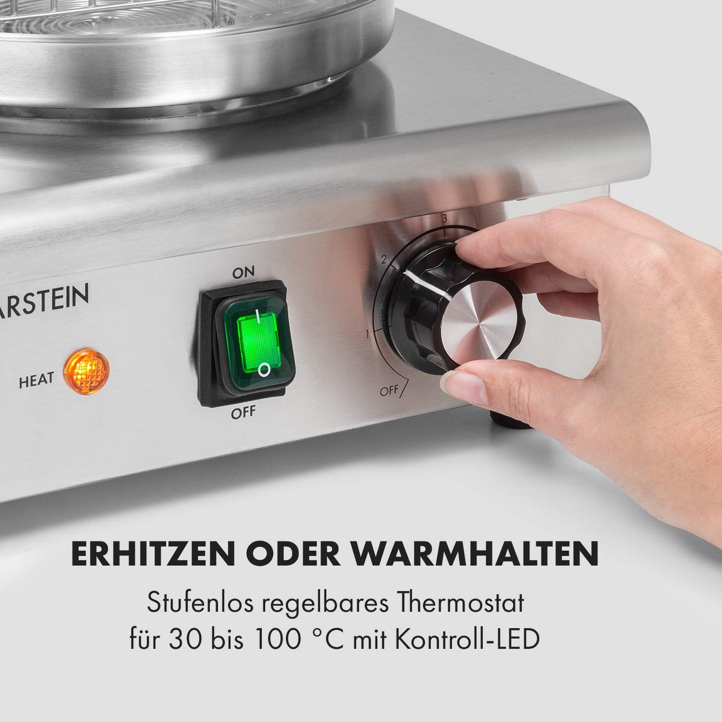 Klarstein Wurstfabrik Pro 550 Hot Dog Maker, 550 Watt, 2 Heizspieße, Temperaturregler 30-100 °C, Glaszylinder: Ø 20 cm, Edelstahlkäfig: Ø 17 cm, Edelstahlgehäuse,Profi Würstchenkocher, silber