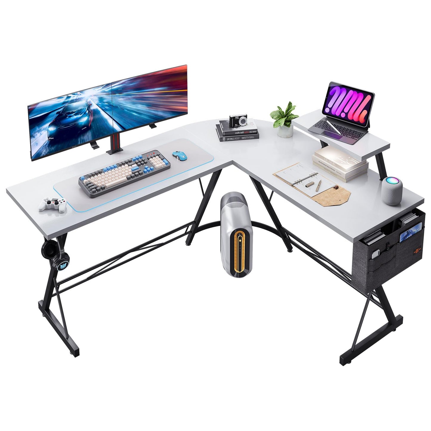 ODK Gaming Tisch, Gaming Schreibtisch Eckschreibtisch für Gamer, Schreibtisch L Form mit Monitorständer für Büro (Schwarz, 127 x 127 cm)