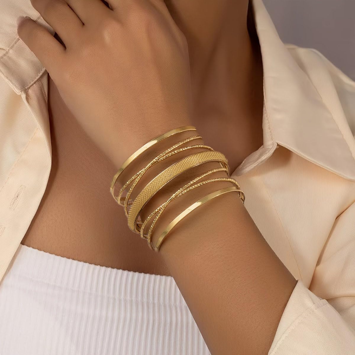 Jovono Boho Hollow Cuff Bracelet – Gold-Tone Layered Bangle