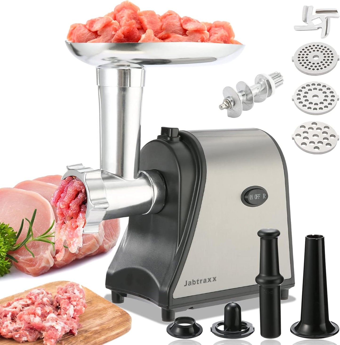 Elektrischer Fleischwolf Wurstfüller Fleischhackfleisch 2000 W 5in1: für Fleisch, Kebbe, Gemüse, Salat, Spritzgebäck | Vor-und Rücklauf | 2 Leistungsstufen