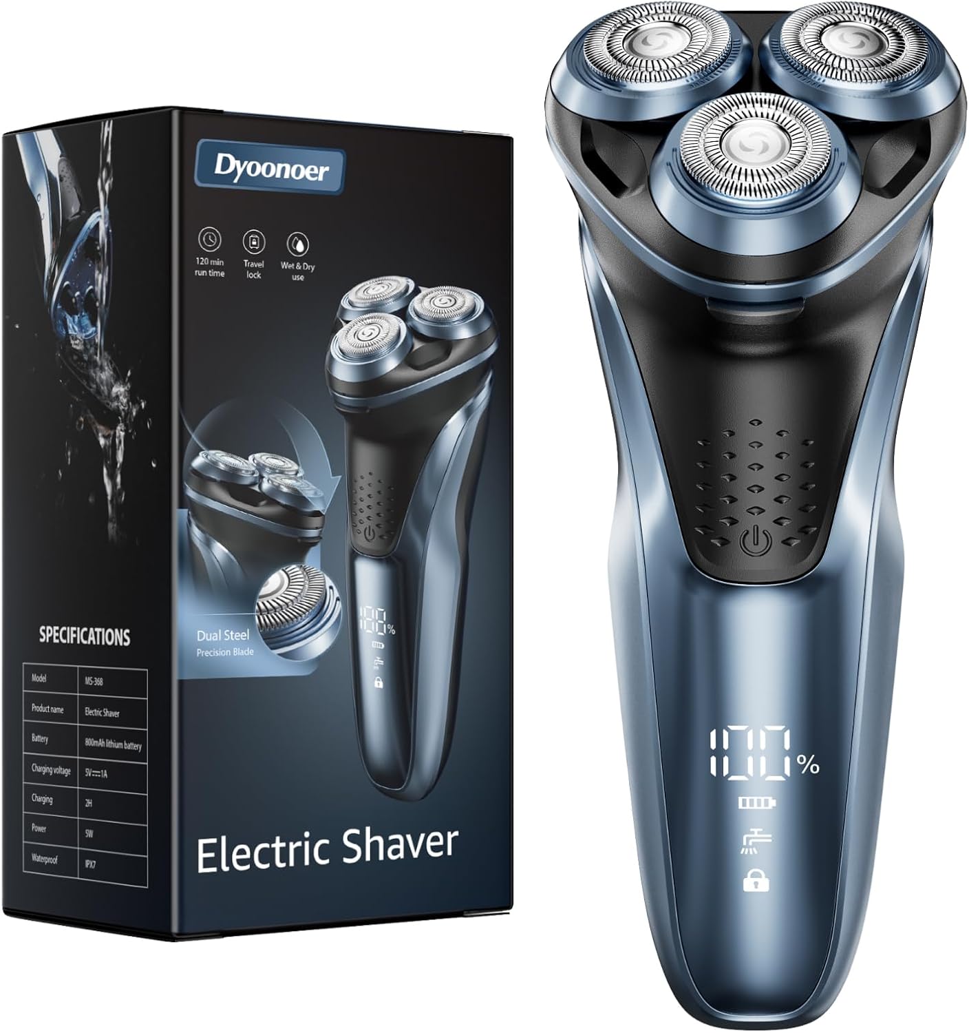 Dyoonoer Men's Electric Shaver, IPX7 Waterproof Wet and Dry Rechargeable Beard Razor with Fold-Out Trimmer and Travel Lock