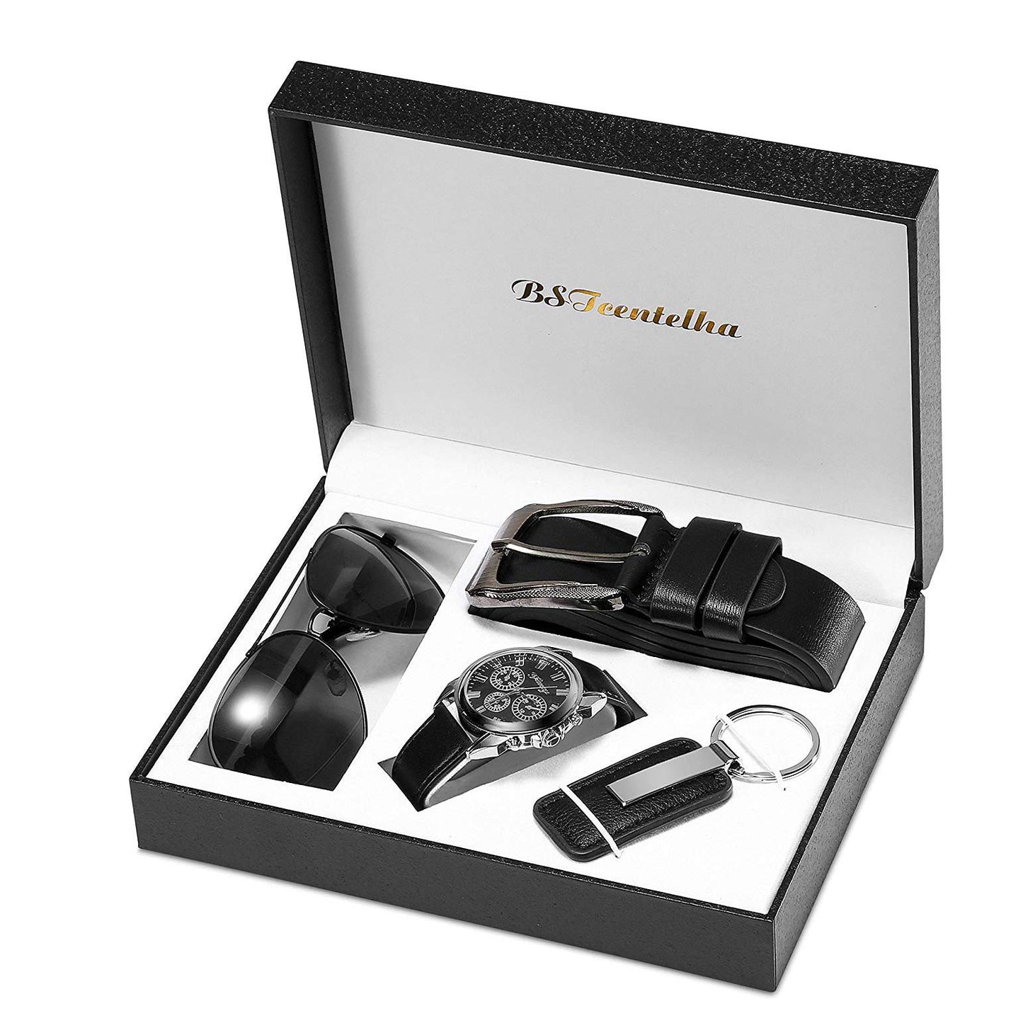 BSTcentelha Herren-Armbanduhr, Kunstleder, Quarz, analog, Gürtel, Schlüsselanhänger, Sonnenbrille, Geschenkset, Dunkelblau zum Valentinstag