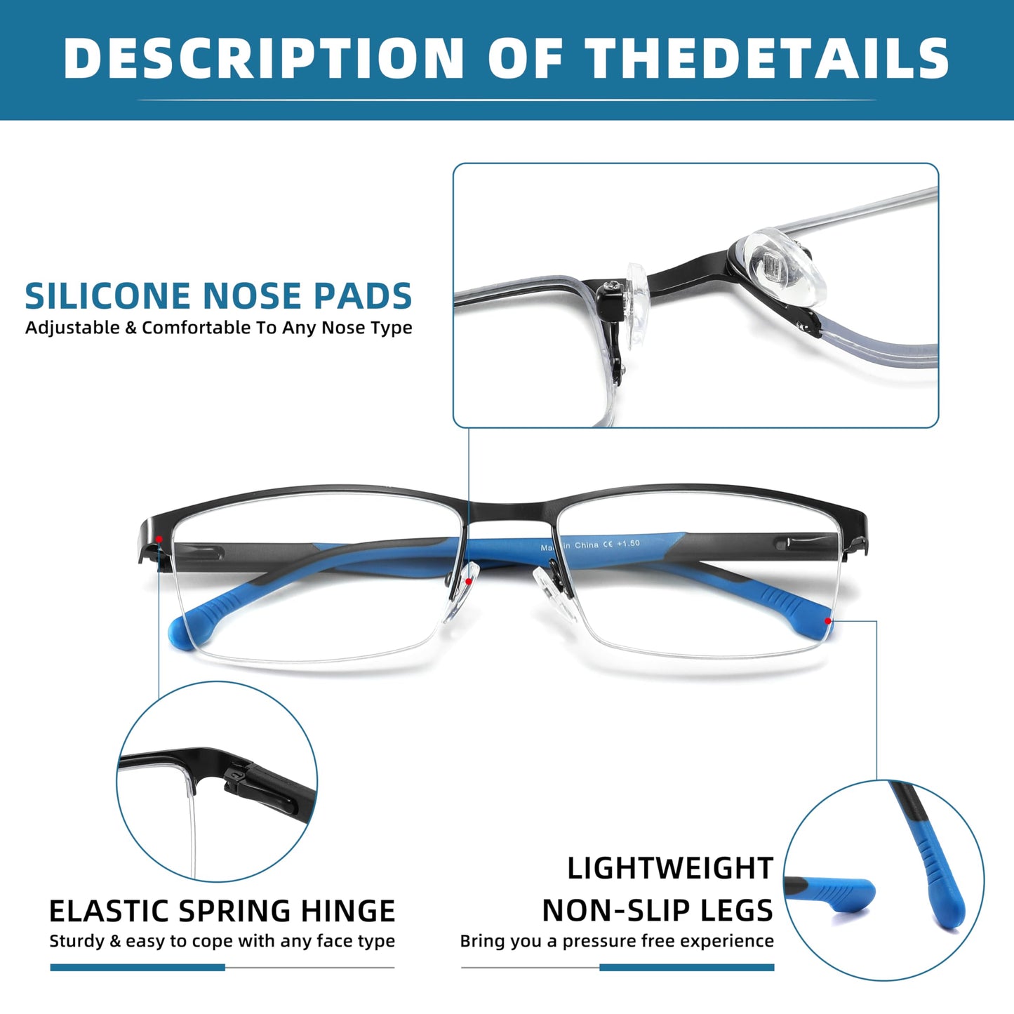 MODFANS 3er-Pack Lesebrille Herren Blaulichtfilter Metallrahmen Rechteck Stil Edelstahl Material