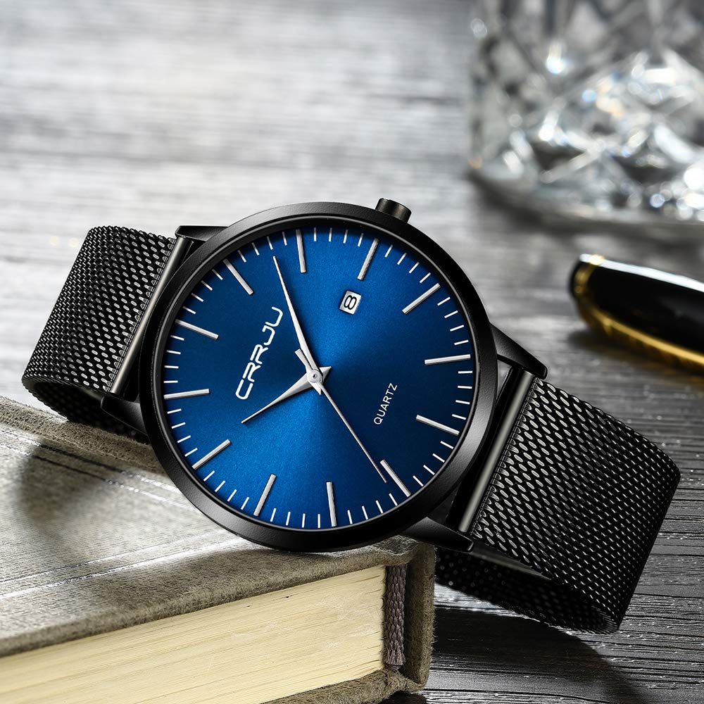 CRRJU Herren Uhr Ultra Dünne Wasserdicht Armbanduhr Herren Mode mit Schwarz Edelstahlband Mesh Analog Quarz Business Männer Uhren