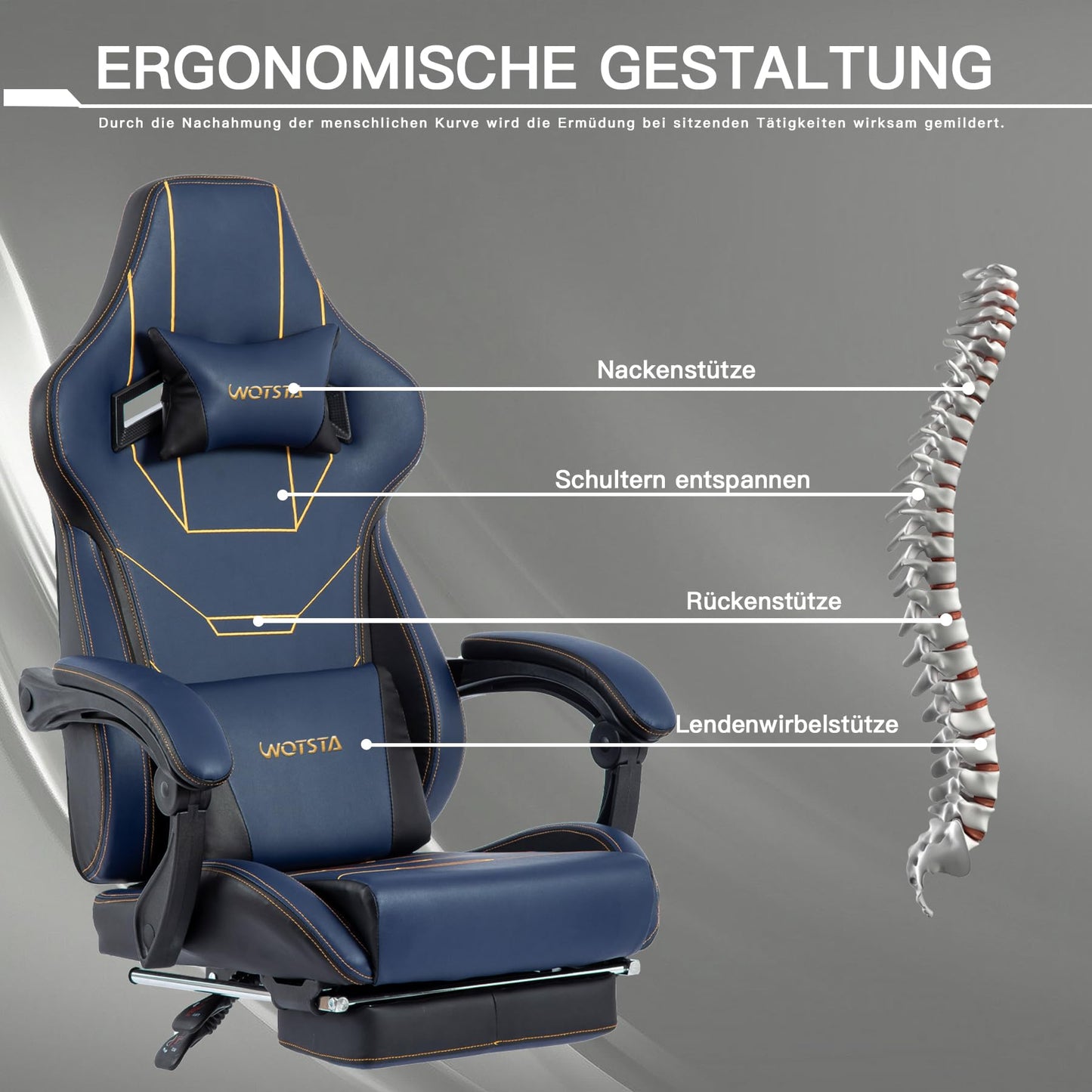 WOTSTA Gaming Chair Ergonomic Gaming Chair Office Chair with Footrest Racing Computer Chair Height Adjustable Padded Computer Chair Lumbar Support Blue