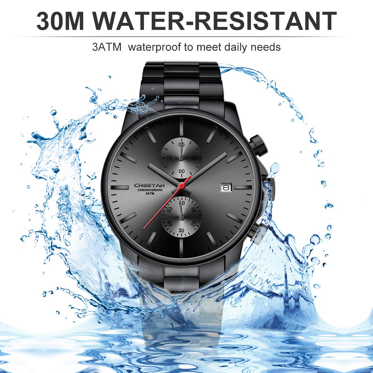 Herrenuhren mit lässiger wasserdichter Chronographen Quarzuhr aus Edelstahl und Metall, Auto Date in farbenfrohen Zeigern