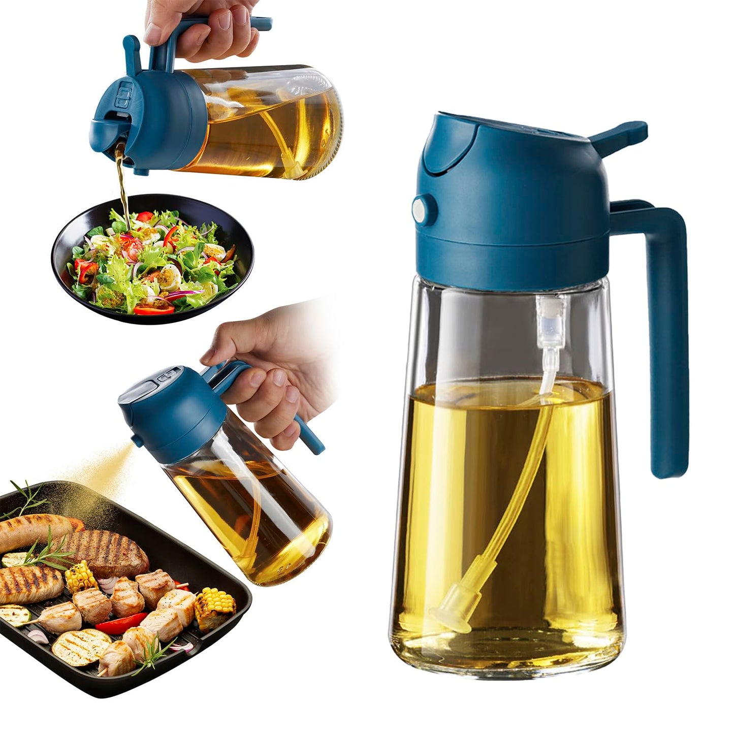TrendPlain 16 oz Oil Sprayer for Cooking Oil - 470 ml Olive Oil Bottle - 2-in-1 Oil Dispenser and Oil Sprayer - Kitchen Gadgets for Cooking, Salad and Grill Black
