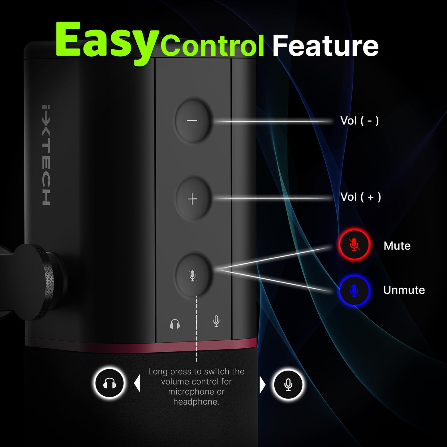 IXTECH Dynamisches Mikrofon mit Nierencharakteristik RGB Gesangsmikrofon USB XLR Studiomikrofon Software Stummschalttaste Microphone für Podcasting Streaming Aufnahme Gaming und Voice-Over Schwarz