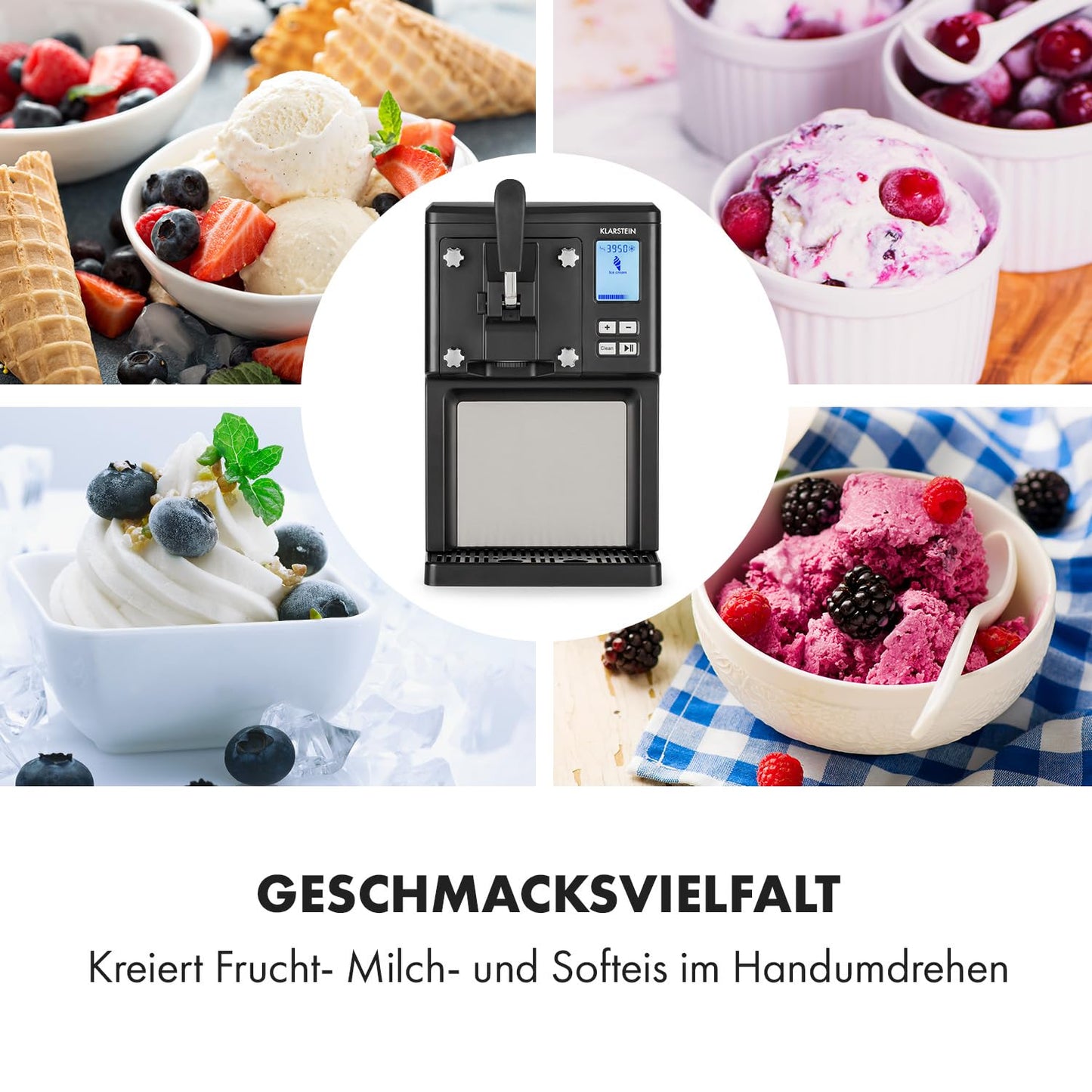Klarstein Sweet Sundae - Eiscrememaschine, 1,5 Liter, mitselbstkühlendem Kompressor, 200 Watt, Ausgabesystem, 3 StundenAuto-Kühlhaltefunktion, Reinigungsautomatik, Edelstahl, schwarz