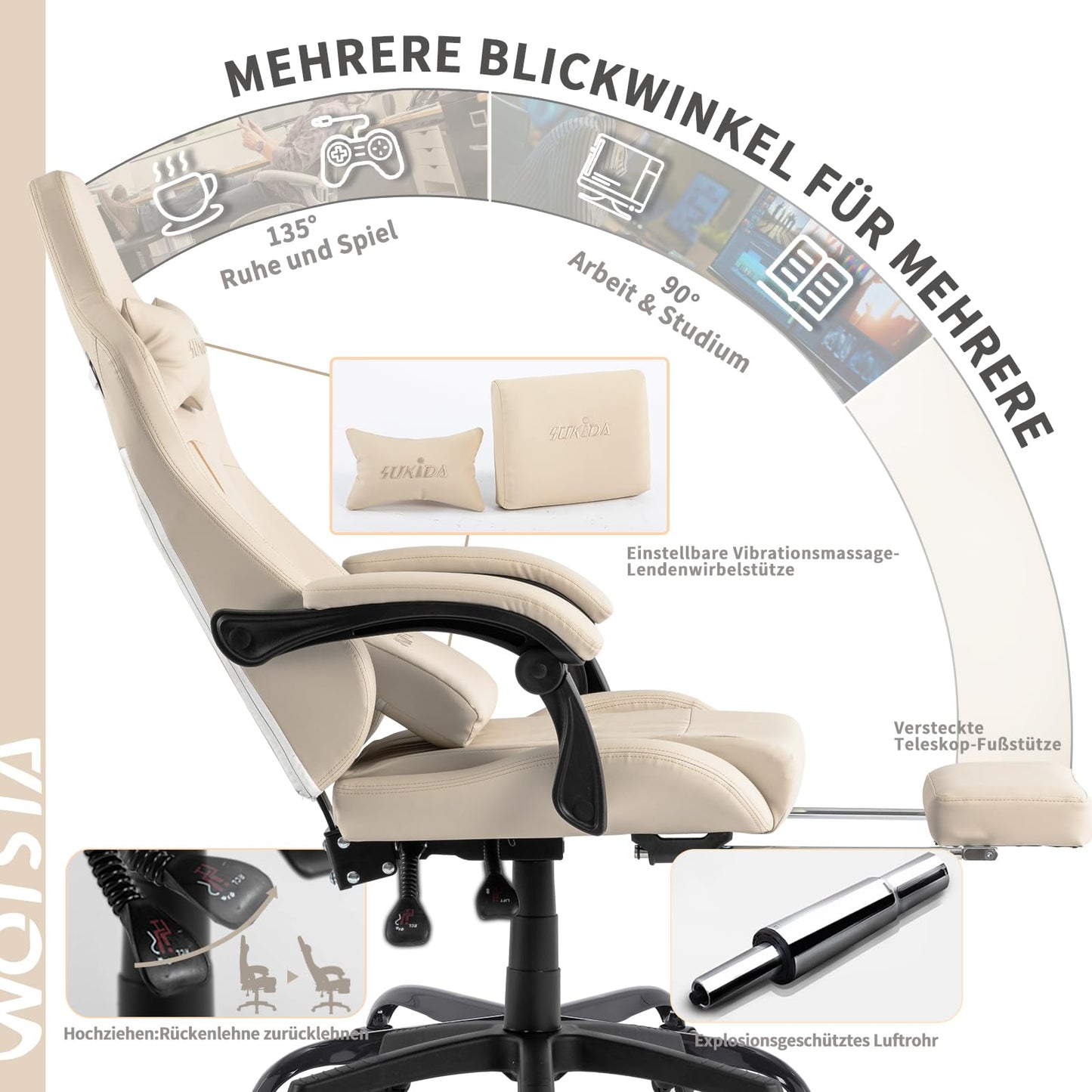 SUKIDA Gaming Stuhl Computerstuhl Ergonomischer Gaming Chair mit Fußstütze Bürostuhl Ergonomischer Computerstuhl mit Lendenwirbelstütze Schwarz