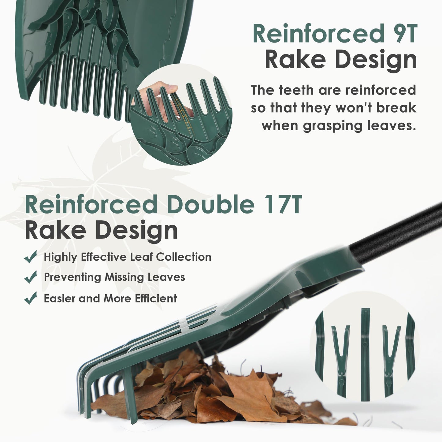 ORIENTOOLS Garten Laubrechen, Garten Rechen für Rasen Laub mit verstellbarem Griff 107 bis 156 cm Rechen, 22 Starke Zinken Kunststoff Kopf Strauch Rechen, Landschaftsbesen für Rasen und Blätter