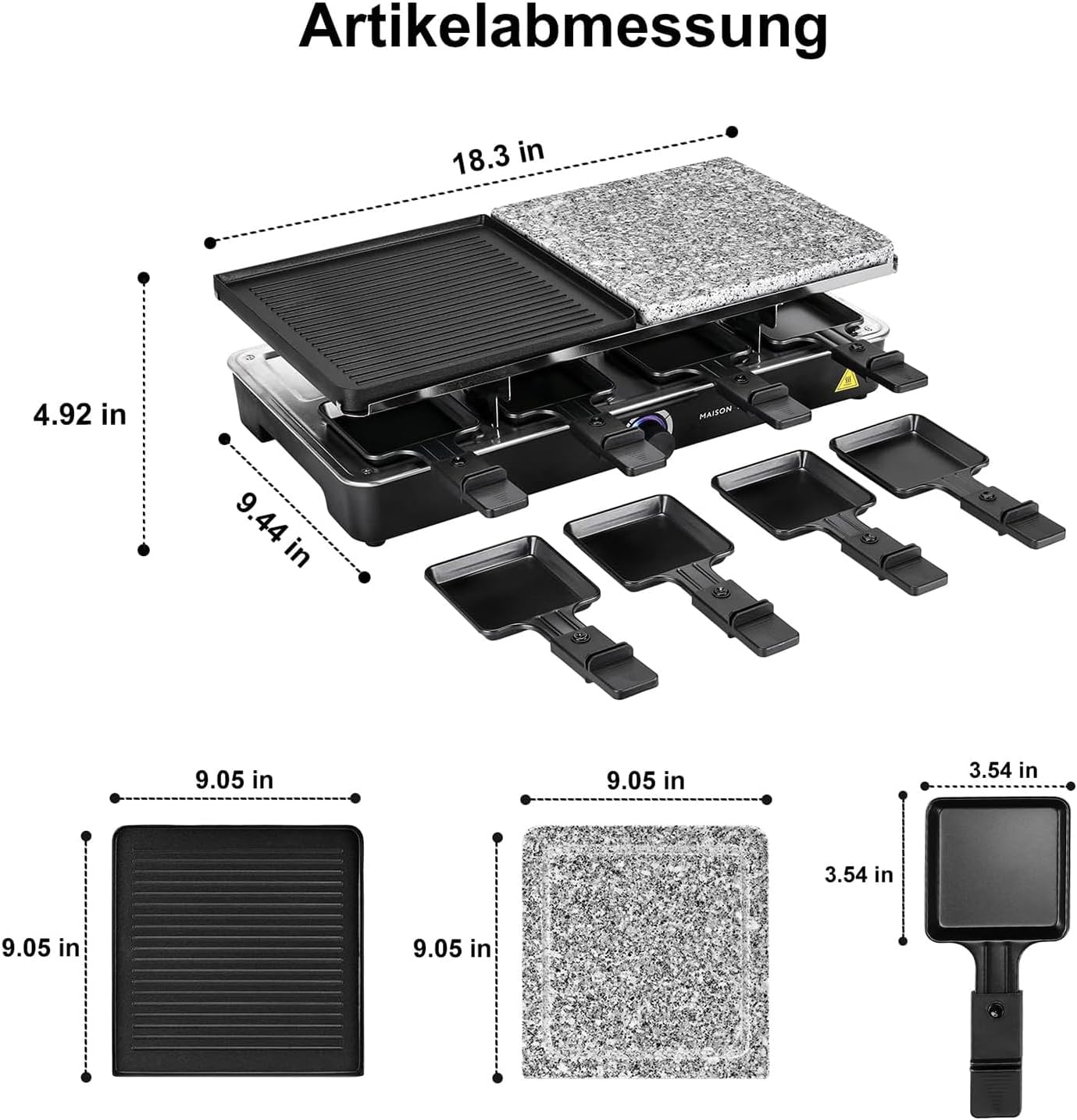 Raclette Grill mit Naturgrillstein und Grill-Platte 2-in-1 Raclette Grill,8 Personen Grillplatte Tischgrill Elektrisch Elektrogrill Heißer Stein 1400 Watt mit 8 Pfännchen