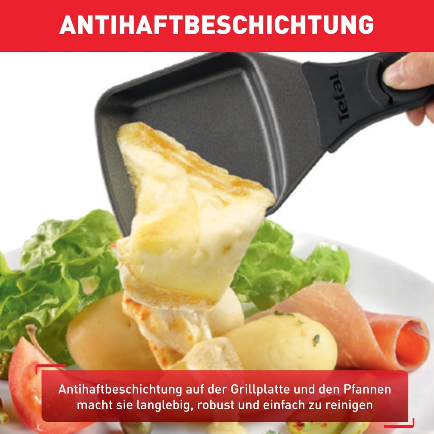 Tefal Raclette Grill Ambiance, Raclette 10 Personen, inkl. Tischgrill-Funktion, Grillplatte antihaftbeschichtet + spülmaschinengeeignet, abnehmbares 2 Meter-Kabel, schwarz, Edelstahl, 1350W, RE4588