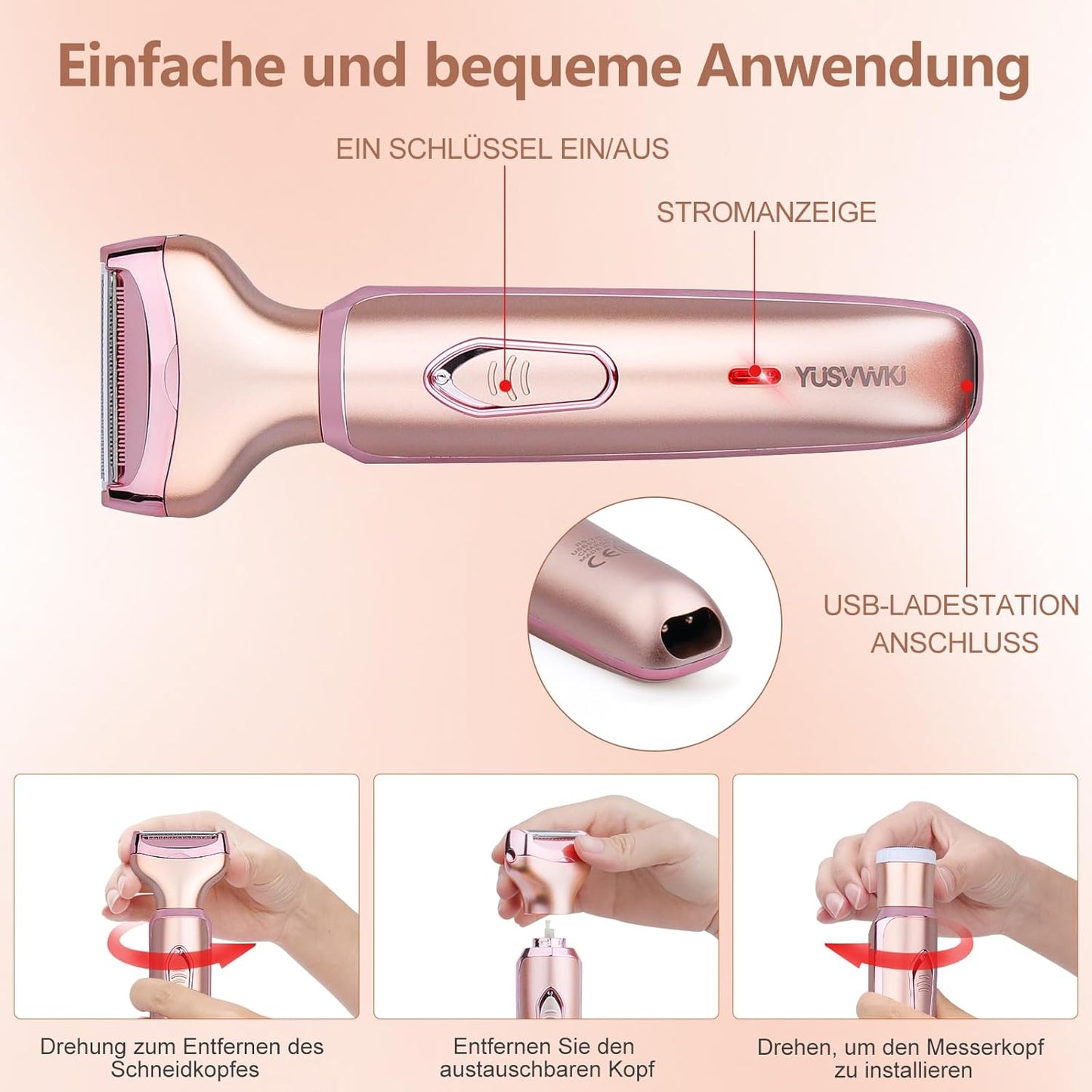 Elektrischer Rasierer Damen 2 in 1 Nass- und Trockenrasierer für Gesicht Armen Beine Achselhöhlen Intimbereich und Bikinizone tragbar wasserdicht und schmerzlos Elektrorasierer mit USB-Aufladung
