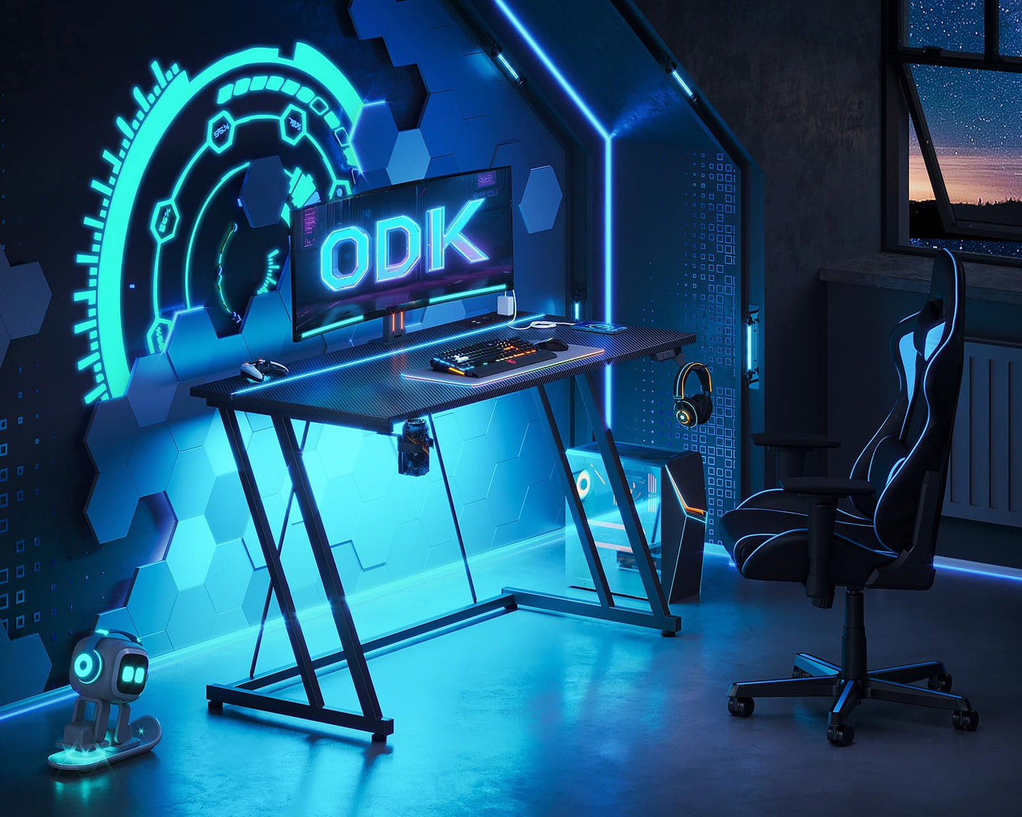 ODK Gaming Tisch mit LED & Steckdose, Gaming Schreibtisch mit Becherhalter und Kopfhörerhaken, Doppel-Z-Rahmen-Design Kleiner Computertisch, Carbon Fiber Schwarz PC Tisch 120 cm