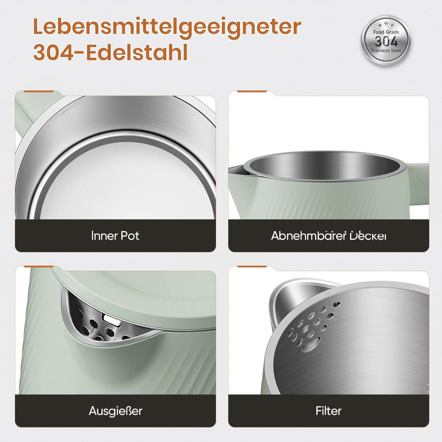 OLEGA Wasserkocher - 1800W Schnellaufheizender Elektrischer Teekessel BPA-freier 304 Edelstahl Elektrischer Wasserkocher mit Automatischer Abschaltung und Trockengehschutz Perfekt für die Familie 1.8L