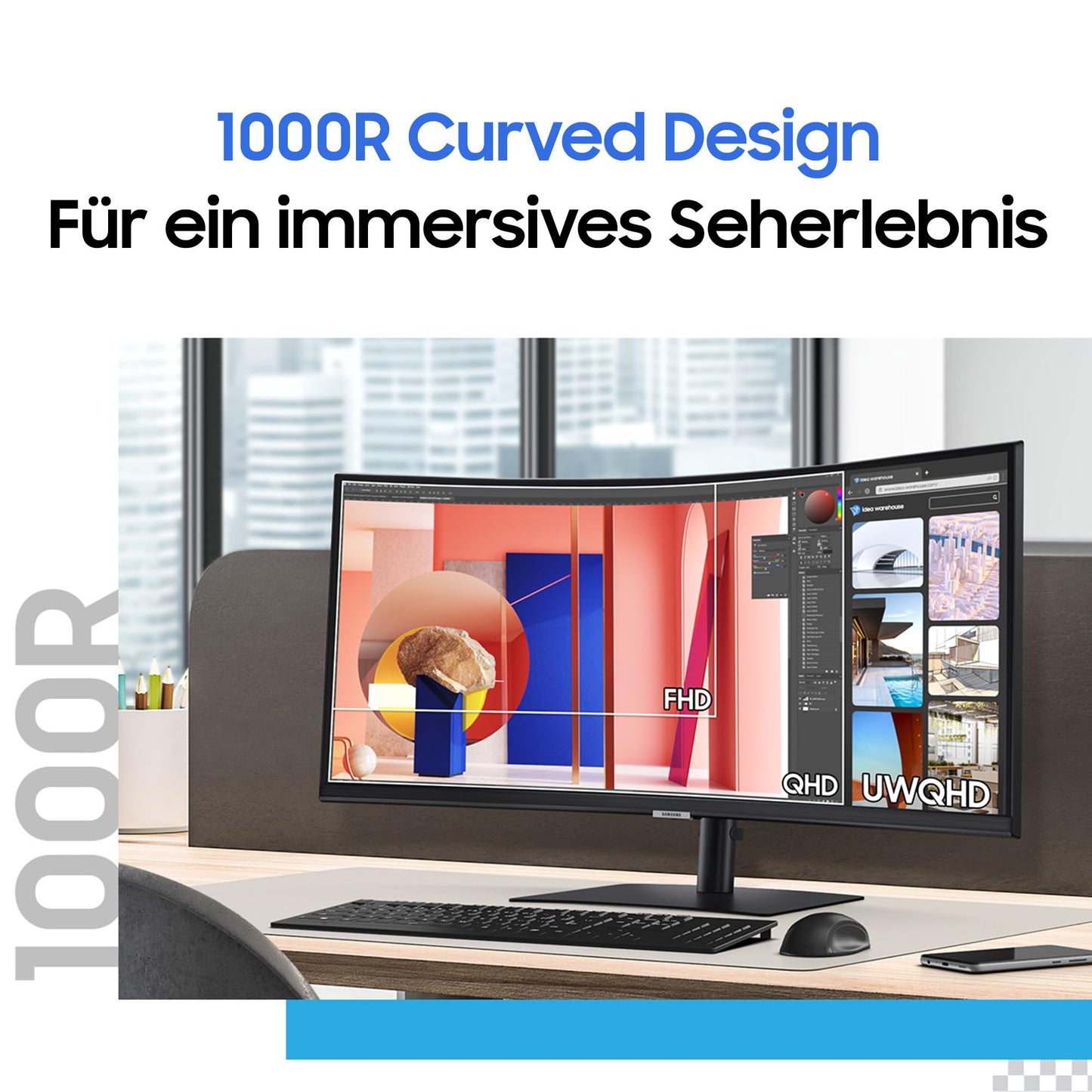 Samsung ViewFinity S50C Monitor S34C500GAU, 34 Zoll, VA-Panel, Ultra WQHD Auflösung, Eco Saving Plus, AMD Freesync, HDR10, 5 ms Reaktionszeit, Bildwiederholrate 100 Hz, Schwarz