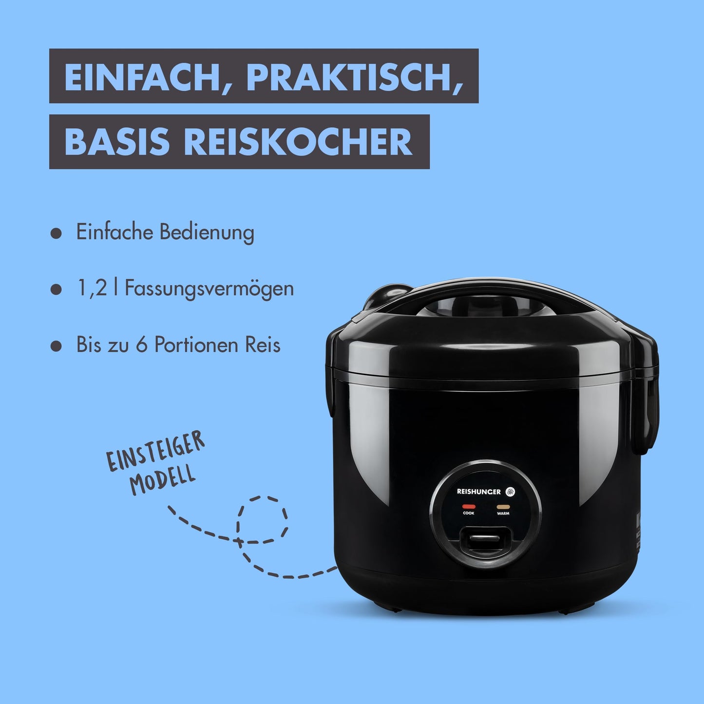 REISHUNGER Reiskocher & Dampfgarer mit Keramikbeschichtung - 1,2 L, Schwarz - Für 1-6 Personen - Schnelle Zubereitung ohne Anbrennen - Mit Warmhaltefunktion inkl. Dämpfeinsatz, Löffel & Messbecher
