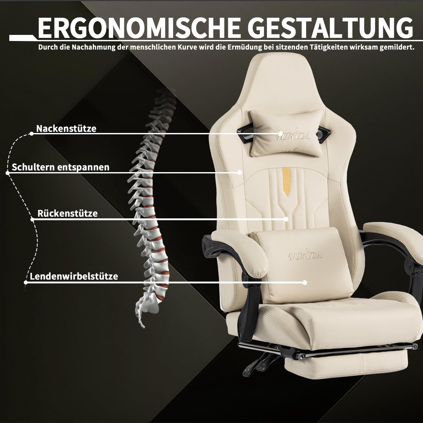 SUKIDA Gaming Stuhl Computerstuhl Ergonomischer Gaming Chair mit Fußstütze Bürostuhl Ergonomischer Computerstuhl mit Lendenwirbelstütze Schwarz