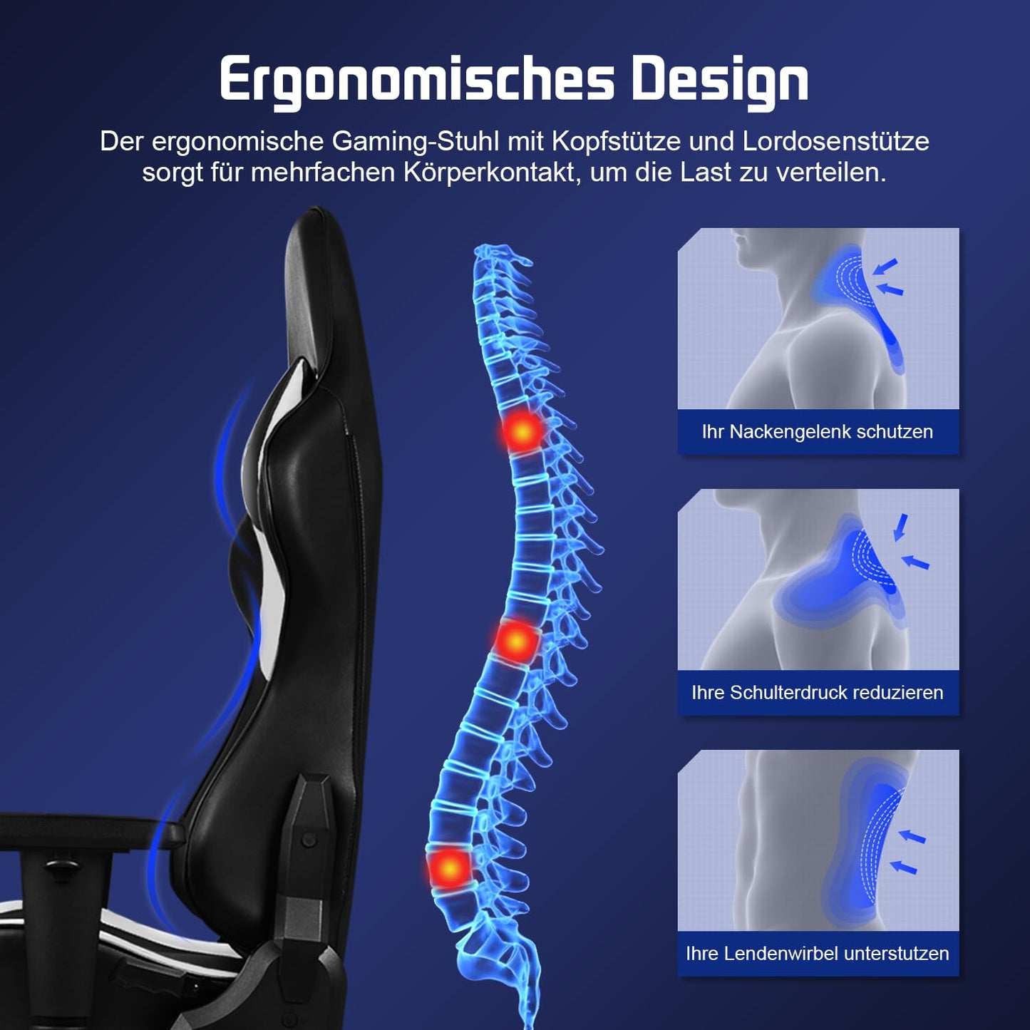 Homimaster Gaming Chair, Ergonomic Office Chair with Adjustable Lumbar Cushion, Head Cushion and Armrests, Padded Gaming Chair, Gamer Chair with Rocking Function, Gaming Chair 150 kg Load Capacity