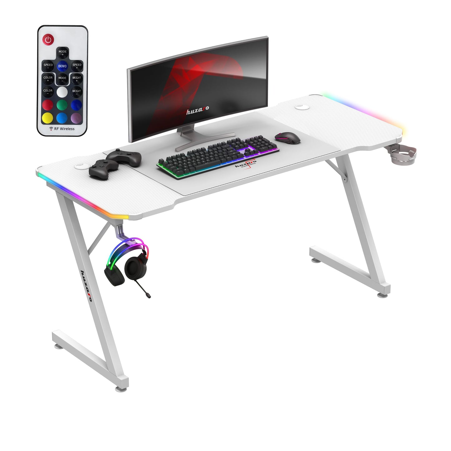 huzaro Hero 4.8 RGB | LED Gaming PC Tisch XXL Schreibtisch | Inklusive Mauspad | Kopfhörerhaken Getränkehalter | Kabelorganisator | Carbon Tischplatte | Stabiler Computertisch | 160x60cm | Schwarz