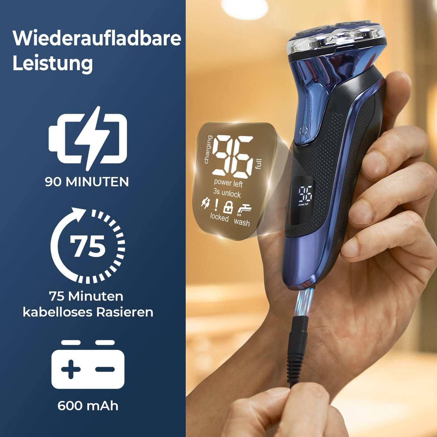 Rasierer Herren Elektrisch, FitSan Einziehbarer Bartschneider, Elektrischer Nass- und Trockenrasierer, Herrenrasierer mit Reiseschloss, Wasserdicht, LED-Anzeige