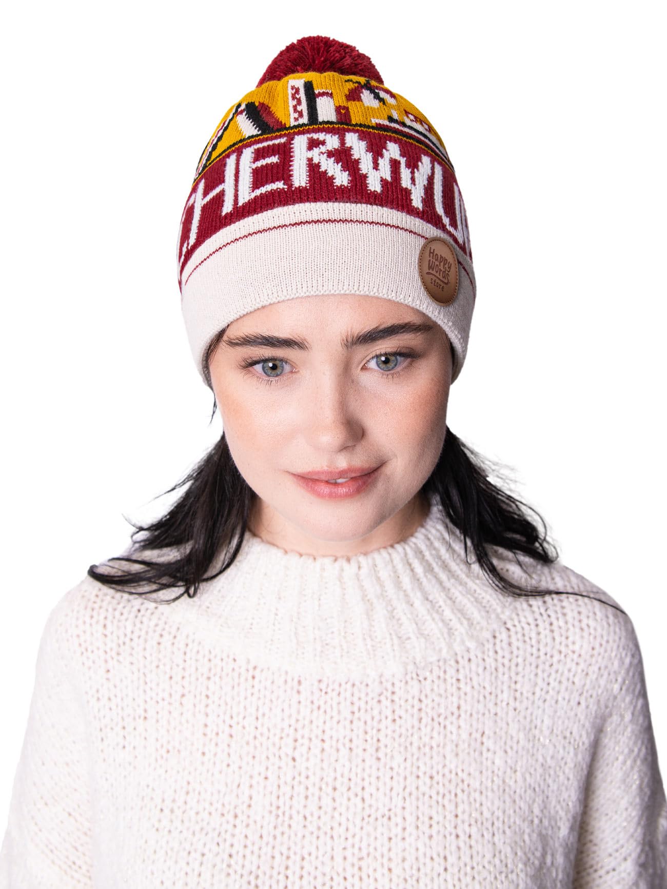 Happy Words Hats, Hats & Caps for Men and Women - Men's Hat with Bobble - Warm Winter Hat with Colourful Pattern - Knitted Hat Made of Acrylic Fabric - Gifts for Women and Men