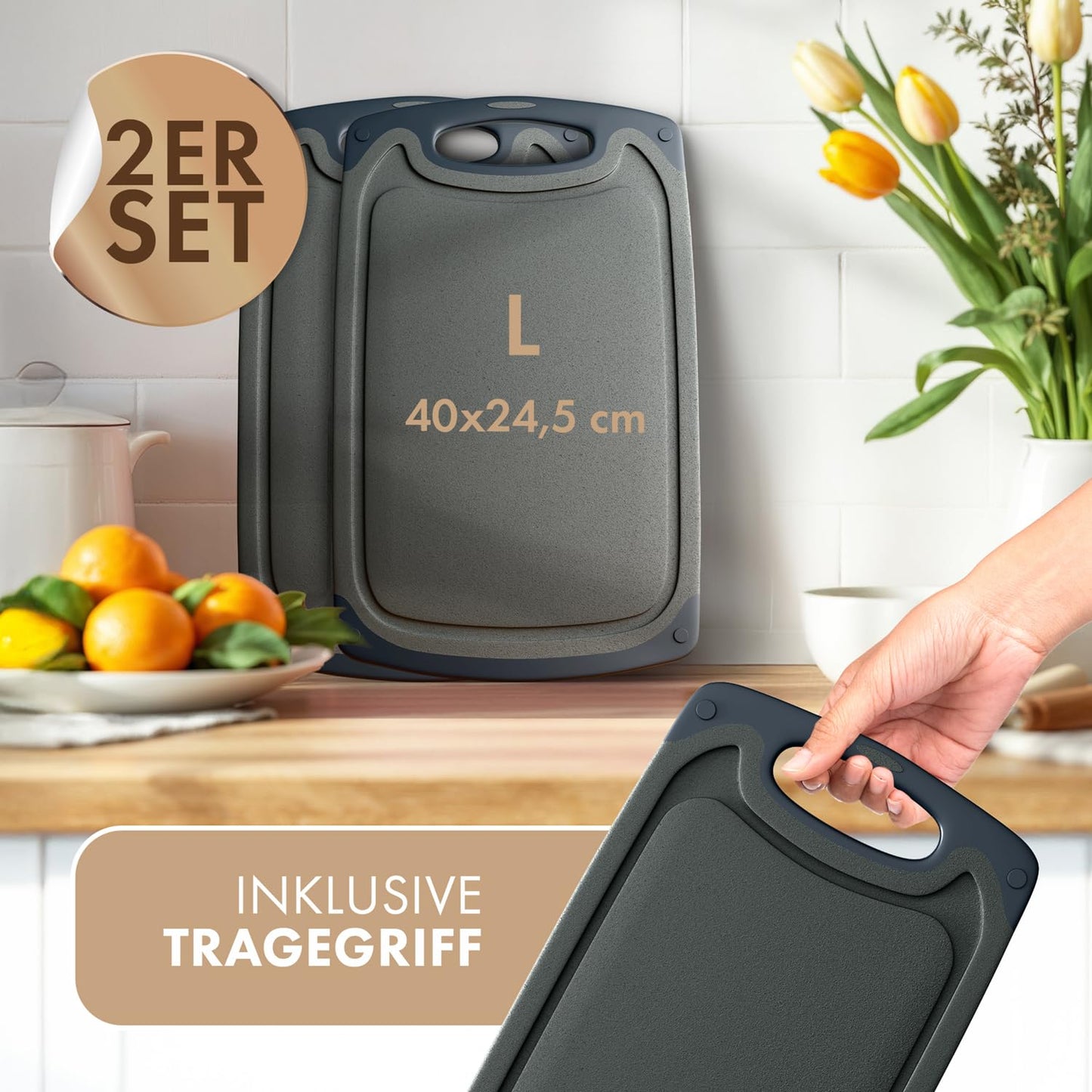 Blumtal Schneidebrett Set mit 3 Größen (S/M/L) - Schneidebrett Kunststoff groß + Saftrillen & Griff - Cutting Board - Küchenbrett BPA frei - Schneidbrett Spülmaschinenfest - Schneidebretter Grau