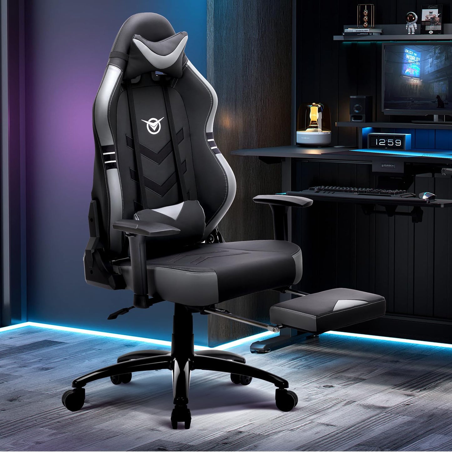 COLAMY Gaming Stuhl mit Fußstütze 160 KG Belastbarkeit-Computer Gamer PC Stuhl, Ergonomisch Hohe Rückenlehne, Verstellbare Rückenlehne, 3D Armlehnen, Kopfstütze und Lordosenstütze, Schwarz