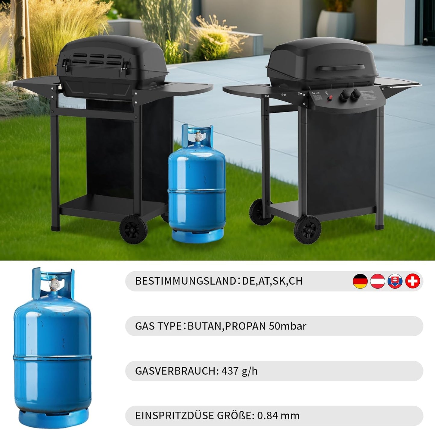 Topwish gas grill 2 burners, gas grill, small gas grill, gas grill balcony, outdoor grill, grill cart with pressure reducer and gas hose, 106.44*55.6*103.85 cm, suitable for DE, AT, SK, CH, LU, for 50 mbar, 6.0 kW