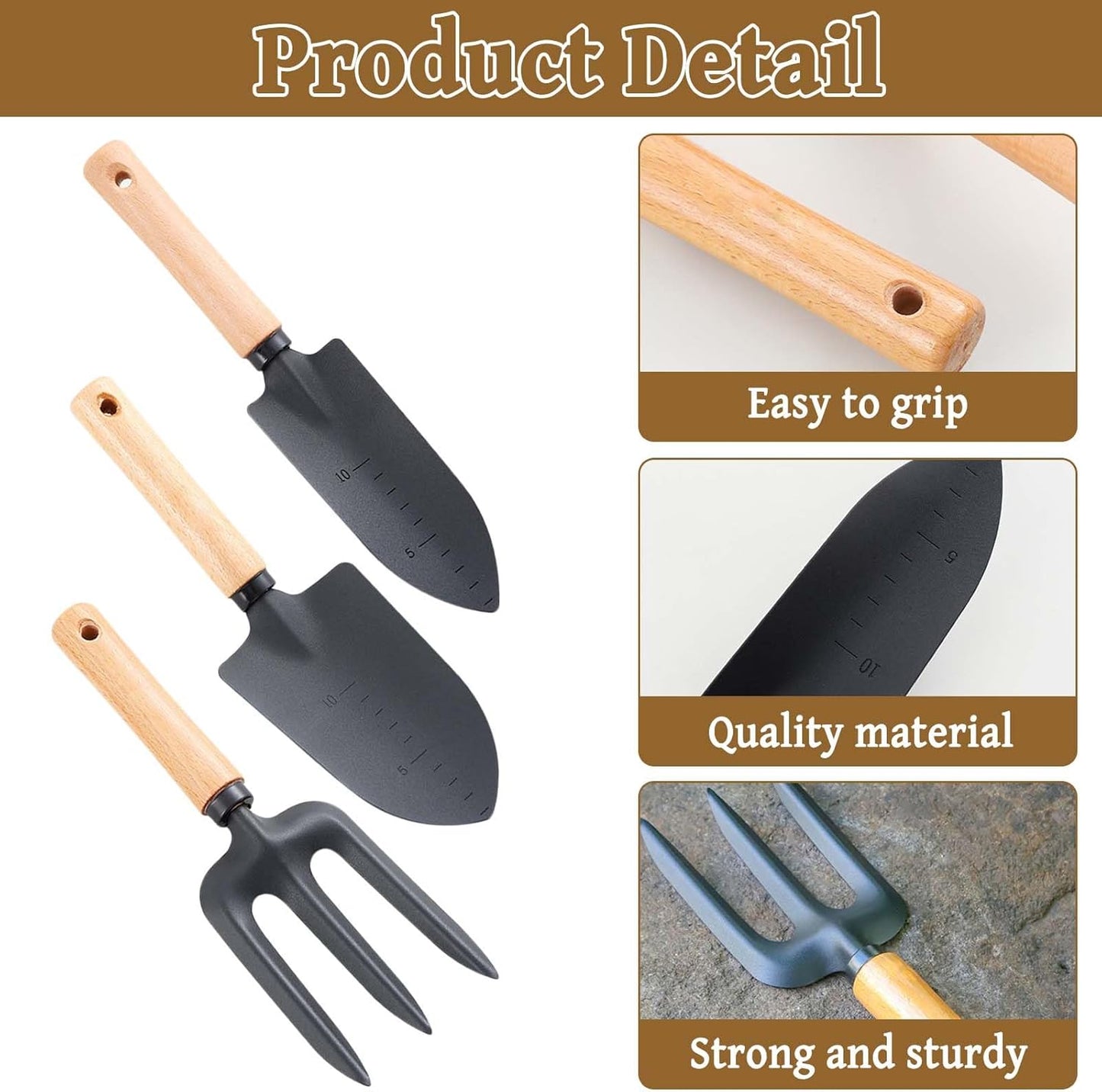 Gartenwerkzeug Set, 3 Stück Premium Gartengeräte-Set Holzgriff Handheld Gartenschaufel Kleine Schmale Schaufel Harke Gartenset Garten Tools für Bonsai Werkzeug Pflanze Topfblumen