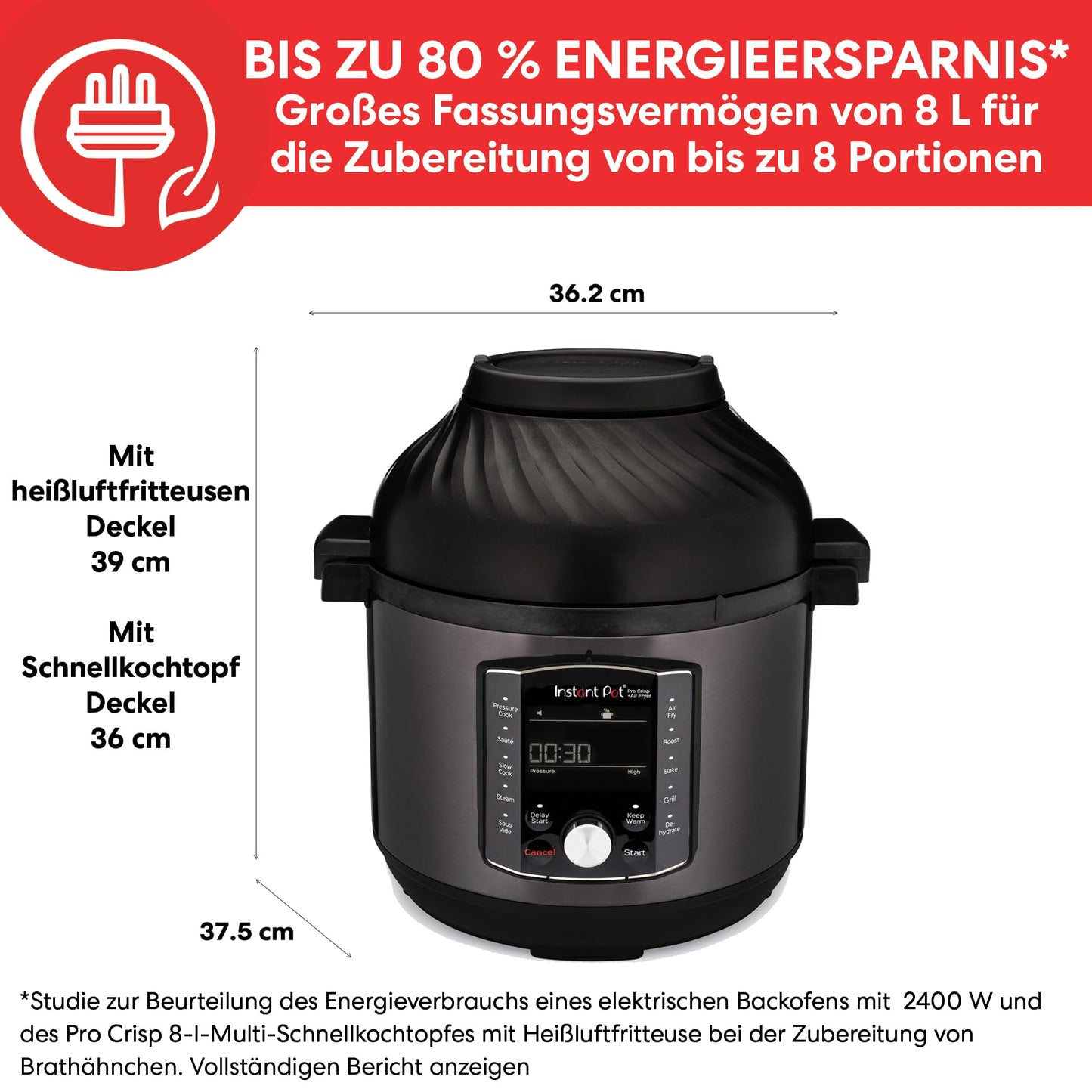 Instant Pot Duo Crisp + Heißluftfritteuse 11-in-1 Elektro-Multikocher - Schnellkochtopf, Luftfritteuse, Schongarer, Dampfgarer, Dehydrator mit Grill, Warmhalte- und Backfunktion, Edelstahl