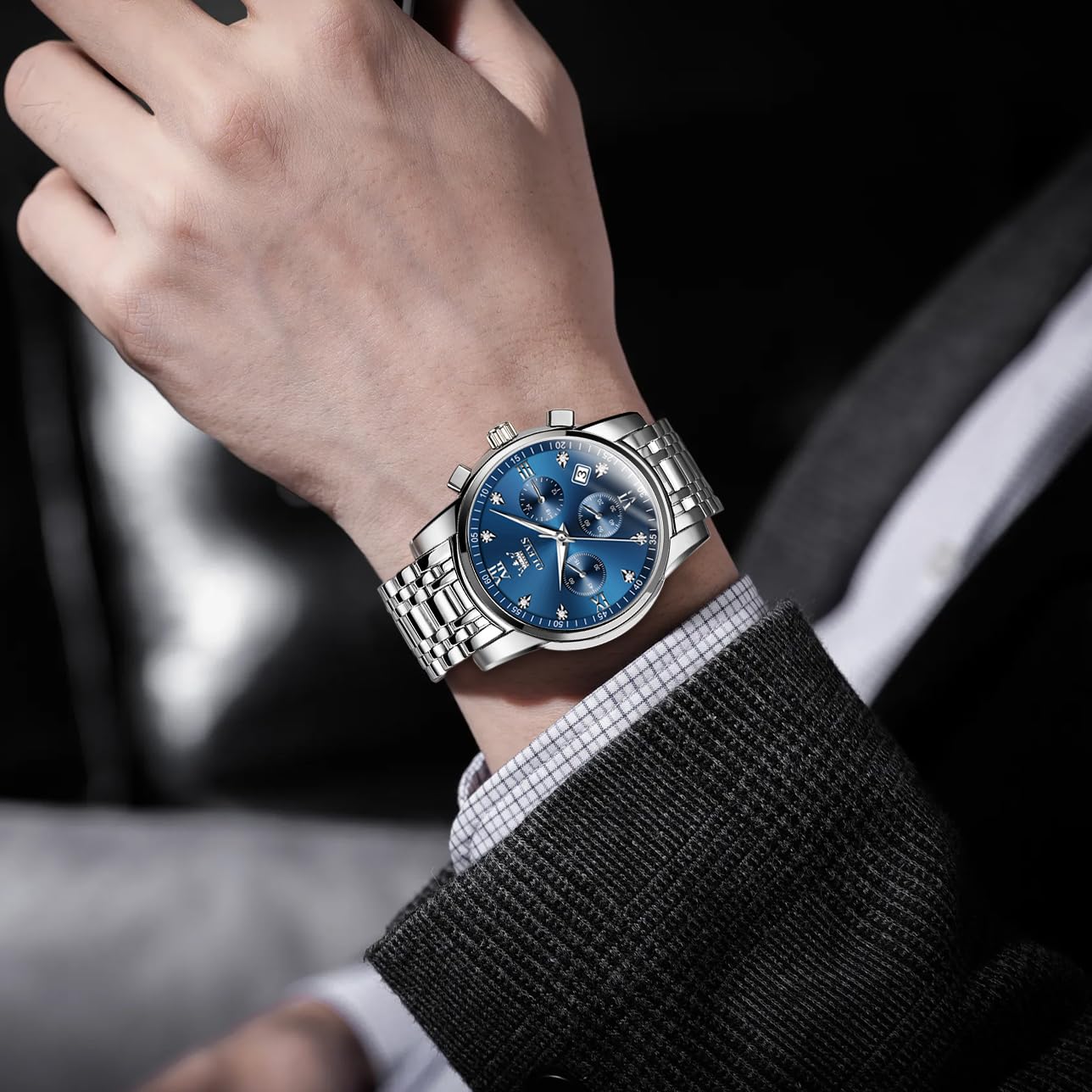OLEVS Uhren Herren, Edelstahl Analoger Quarzuhr, Multifunktionale Diamanten Herrenuhren, Klassisches Luxuskleid Herrenuhr