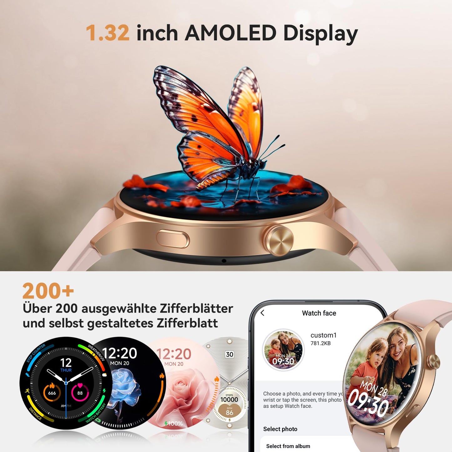 Smartwatch Herren Damen Rund mit Telefonfunktion,1.32" AMOLED Always-On-Display Uhr Herren,110+ Sportmodi Watch mit Pulsuhr Schlafmonitor,AI-Sprachassistent,IP68 wasserdicht Fitnessuhr für iOS Android