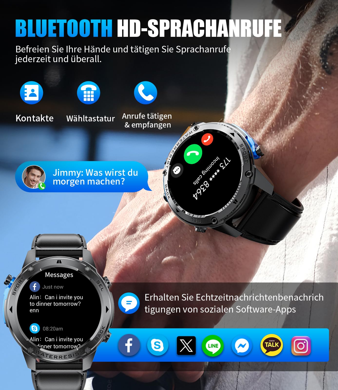 LIGE GPS Smartwatch Herren,1,43" HD AMOLED Smartwatch mit Telefonfunktion,Fitnessuhr,Gunmetal Militär Uhr mit 170+ Sportmodi,Herz-/Schlaftracking/Kompass,5ATM Wasserdicht Sportuhr für iOS/Android