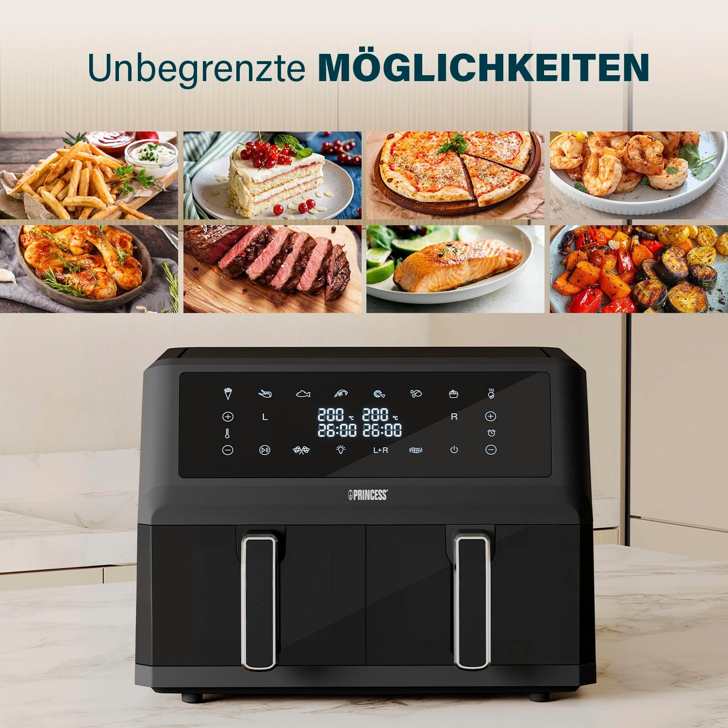 Princess Digital Hot Air Fryer - 6.5 L - with Removable Divider - 60 Percent Less Energy Consumption - Digital Touchscreen - 12 Programmes - Oil Free - Black - 182061