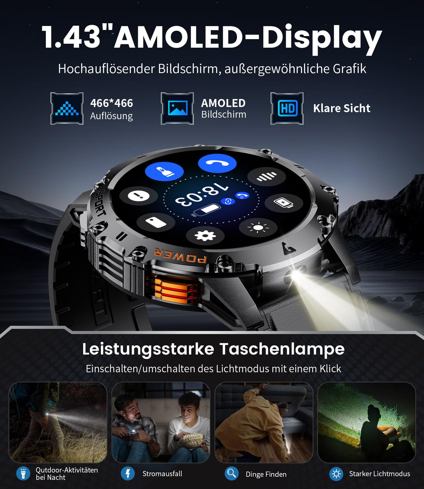 LIGE Smartwatch Herren Militär,Taschenlampe/1.43" AMOLED Sportuhr mit 500 mAh Akku/Telefonfunktion, 110+Sportmodi, IP68 Wasserdicht Smartwatch mit Herzfrequenz/Schlafmonitor für Android iOS,Schwarz