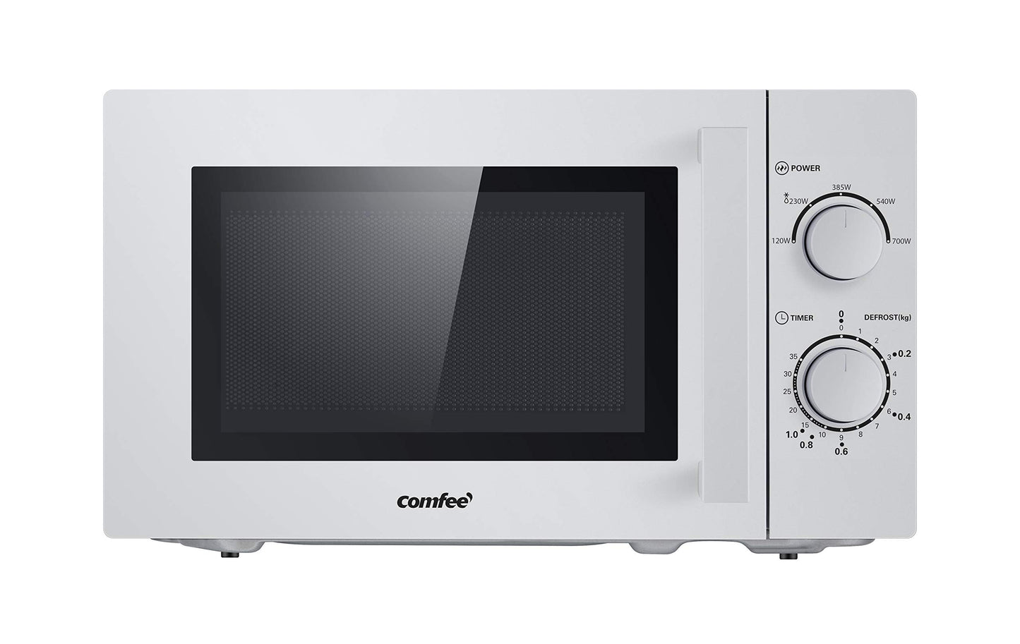 Comfee CMSN 20 wh Mikrowelle / Solo-Mikrowelle mit 5 Leistungsstufen/ Innenbeleuchtung/ easy Defrost/360°Drehteller / Zwei Drehregler/20L/700W/ Weiß, Mechanisch